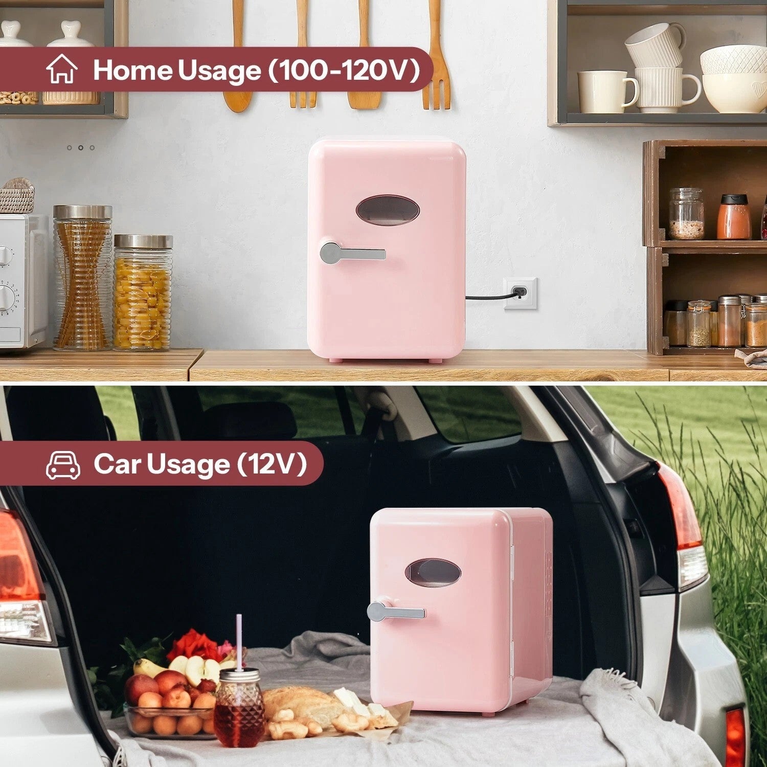 Retro Mini Fridge with Handle – 4L / 6-Can Cooler & Warmer – Pink 