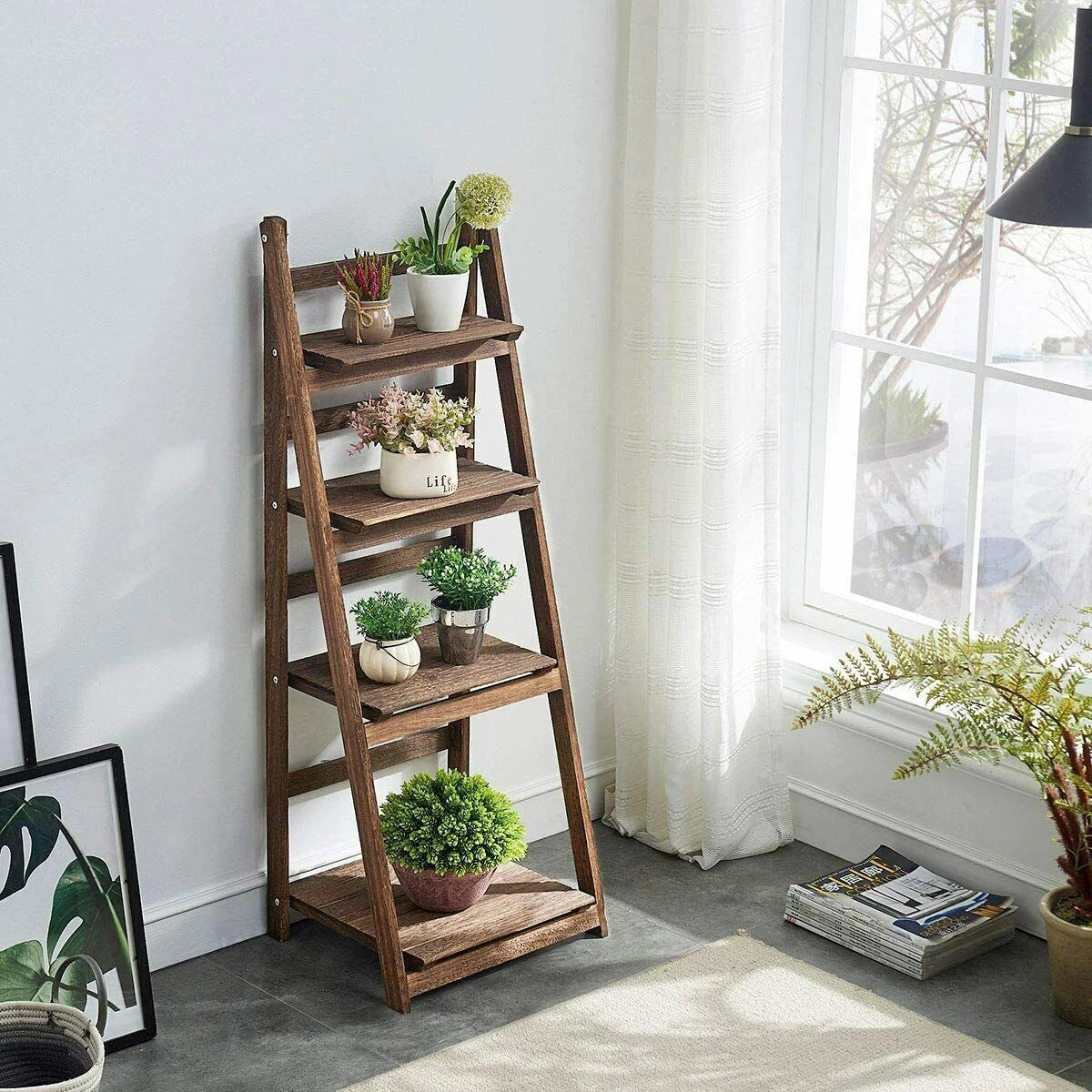 4-Tier Folding Plant Stand, Solid Wood Ladder Shelf Display Rack, Rustic Brown Plant Holder, Bookshelf & Decorative Storage Organizer