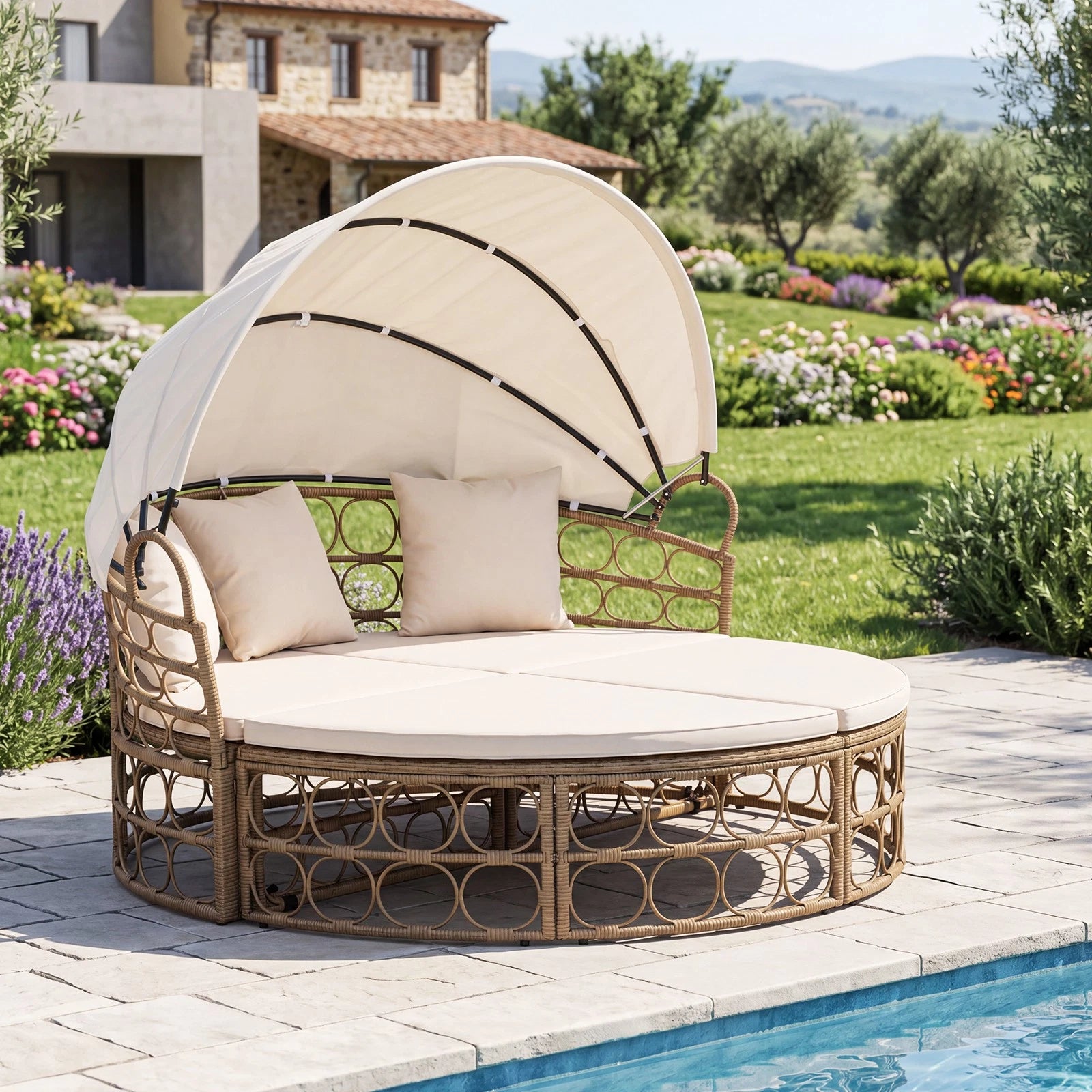 Outdoor Patio Daybed with Retractable Canopy & Cushions – Round Sectional Wicker Lounge