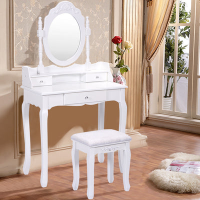 Vanity Table Set with Cushioned Stool with 360Â° Rotating Oval Mirror and Three Drawers-WhiteÂ 