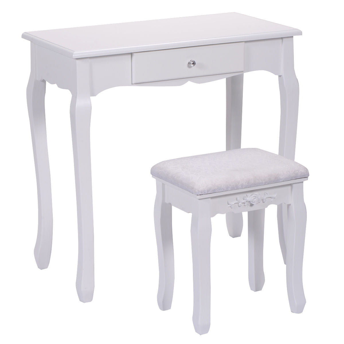 Vanity Table Set with Cushioned Stool with 360Â° Rotating Oval Mirror and Three Drawers-WhiteÂ 