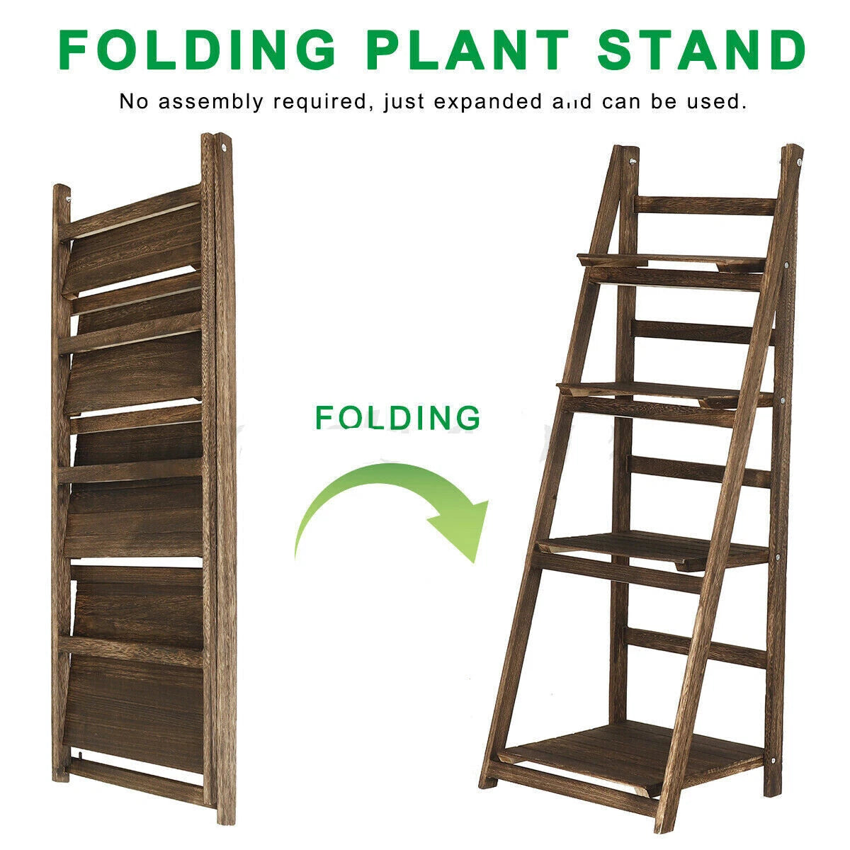 4-Tier Folding Plant Stand, Solid Wood Ladder Shelf Display Rack, Rustic Brown Plant Holder, Bookshelf & Decorative Storage Organizer