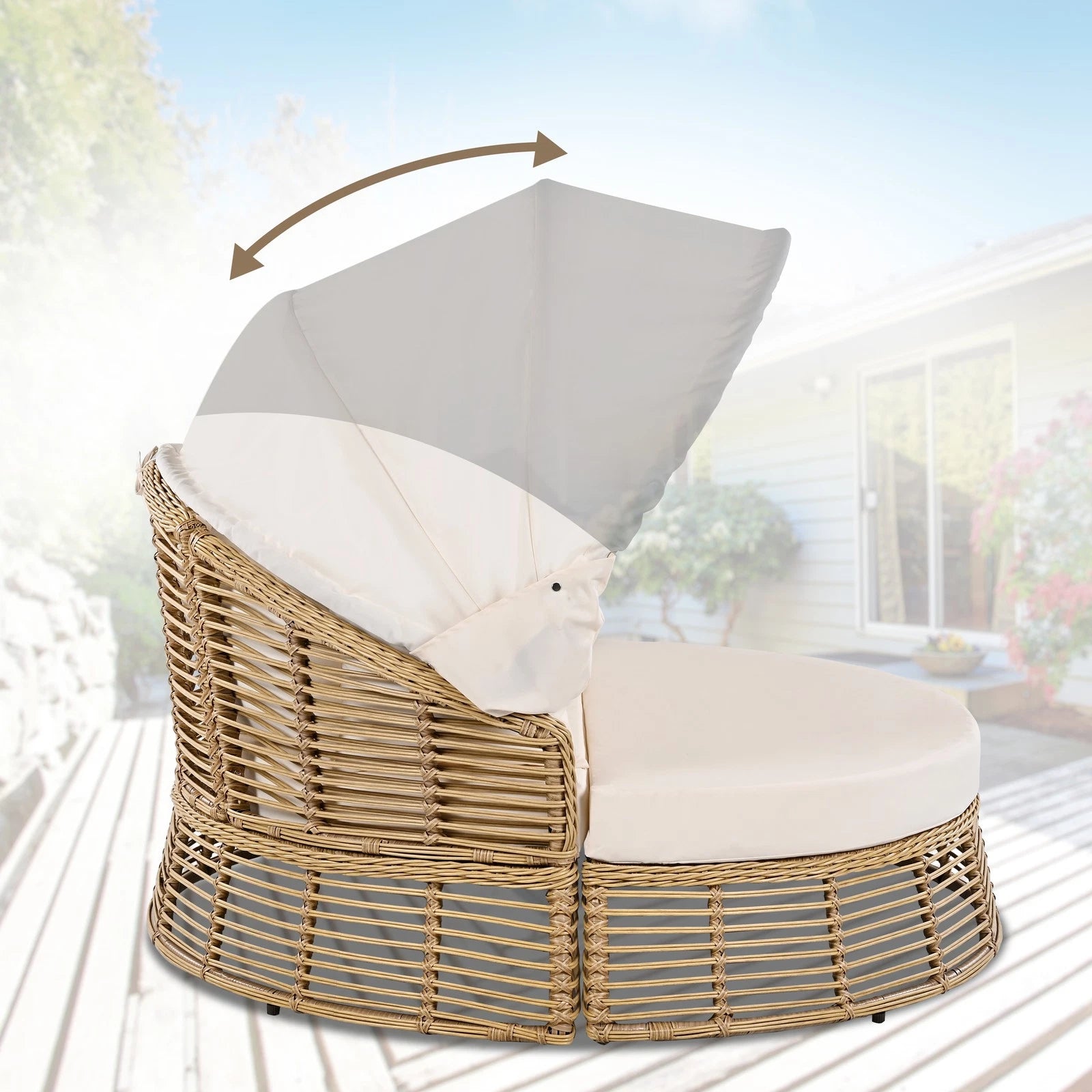 Outdoor Patio Rattan Round Daybed with Retractable Canopy & Cushions