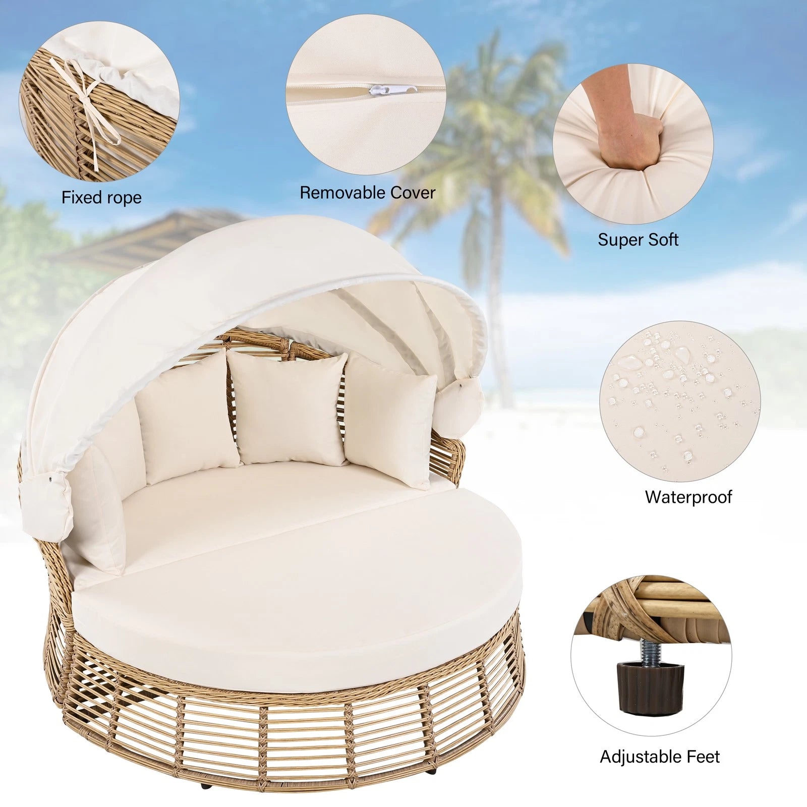 Outdoor Patio Rattan Round Daybed with Retractable Canopy & Cushions