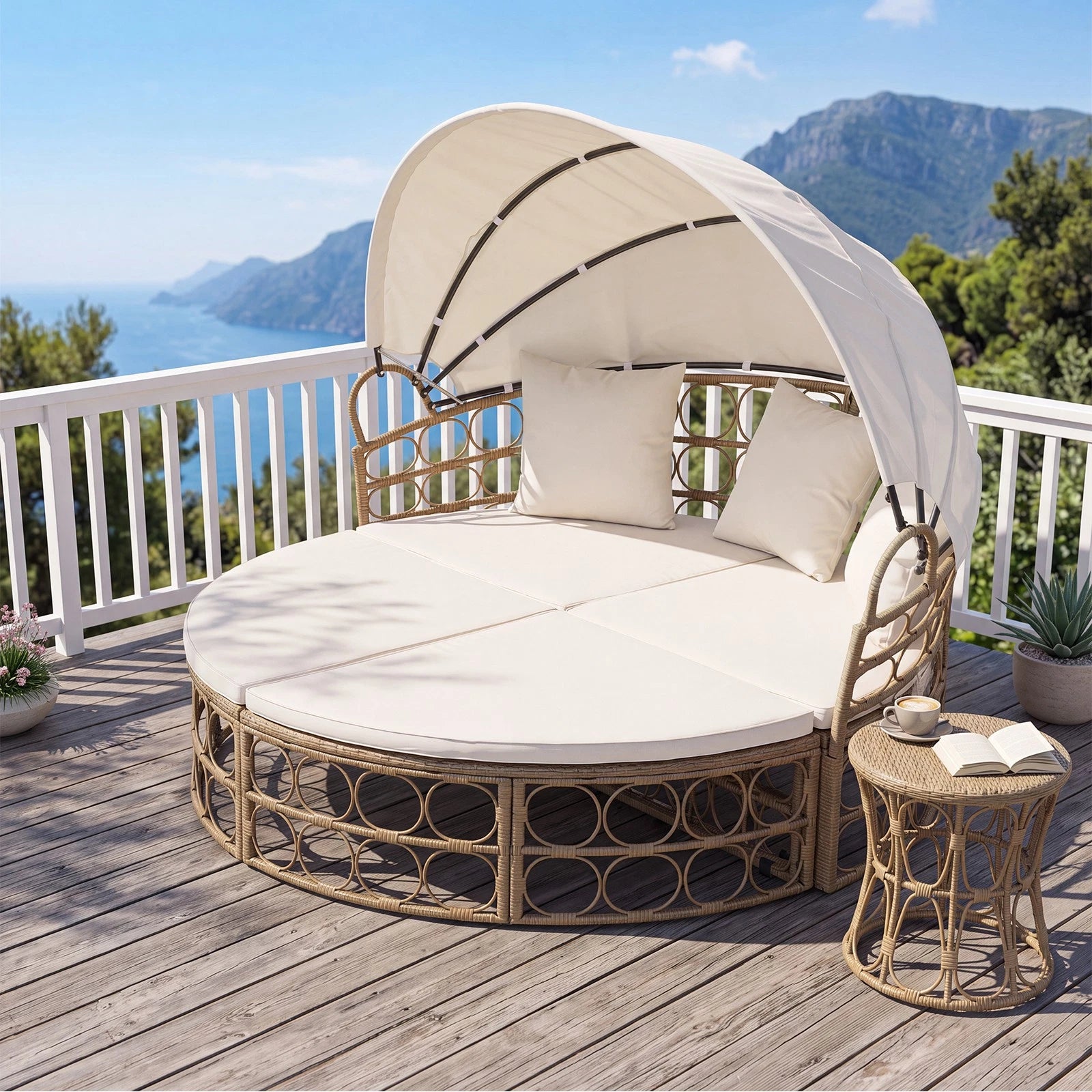Outdoor Patio Daybed with Retractable Canopy & Cushions – Round Sectional Wicker Lounge