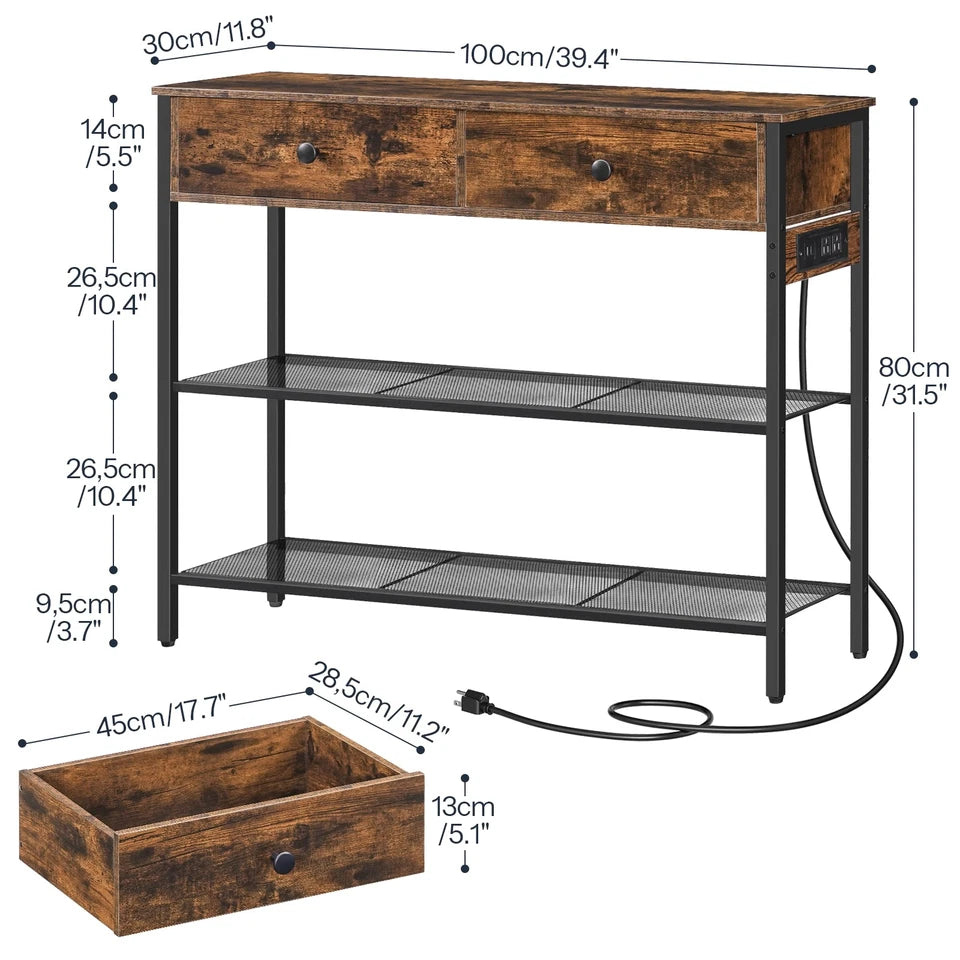 HOOBRO Console Table with Charging Station, Rustic Brown Entryway Sofa Table, BF29UXG01