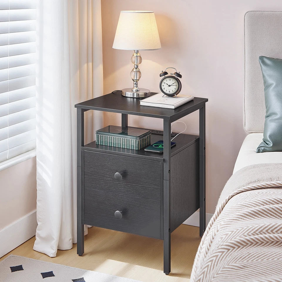 HOOBRO Nightstands with Charging Station, Set of 2 Industrial End Tables & Side Tables, Black BB431BZP201