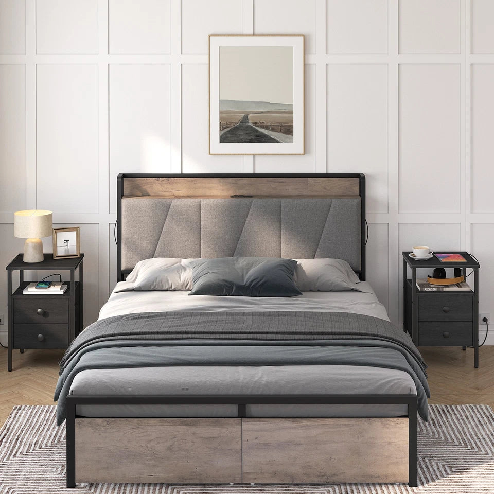 HOOBRO Nightstand with Charging Station, Industrial End Table & Side Table, Black BB431BZ01G2
