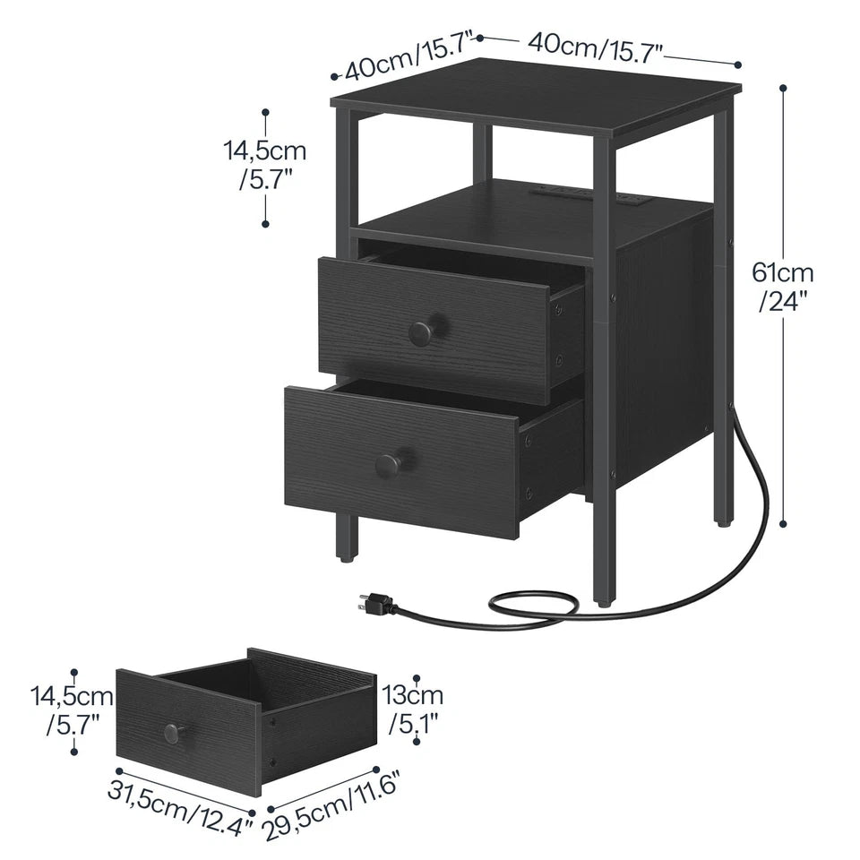 HOOBRO Nightstands with Charging Station, Set of 2 Industrial End Tables & Side Tables, Black BB431BZP201