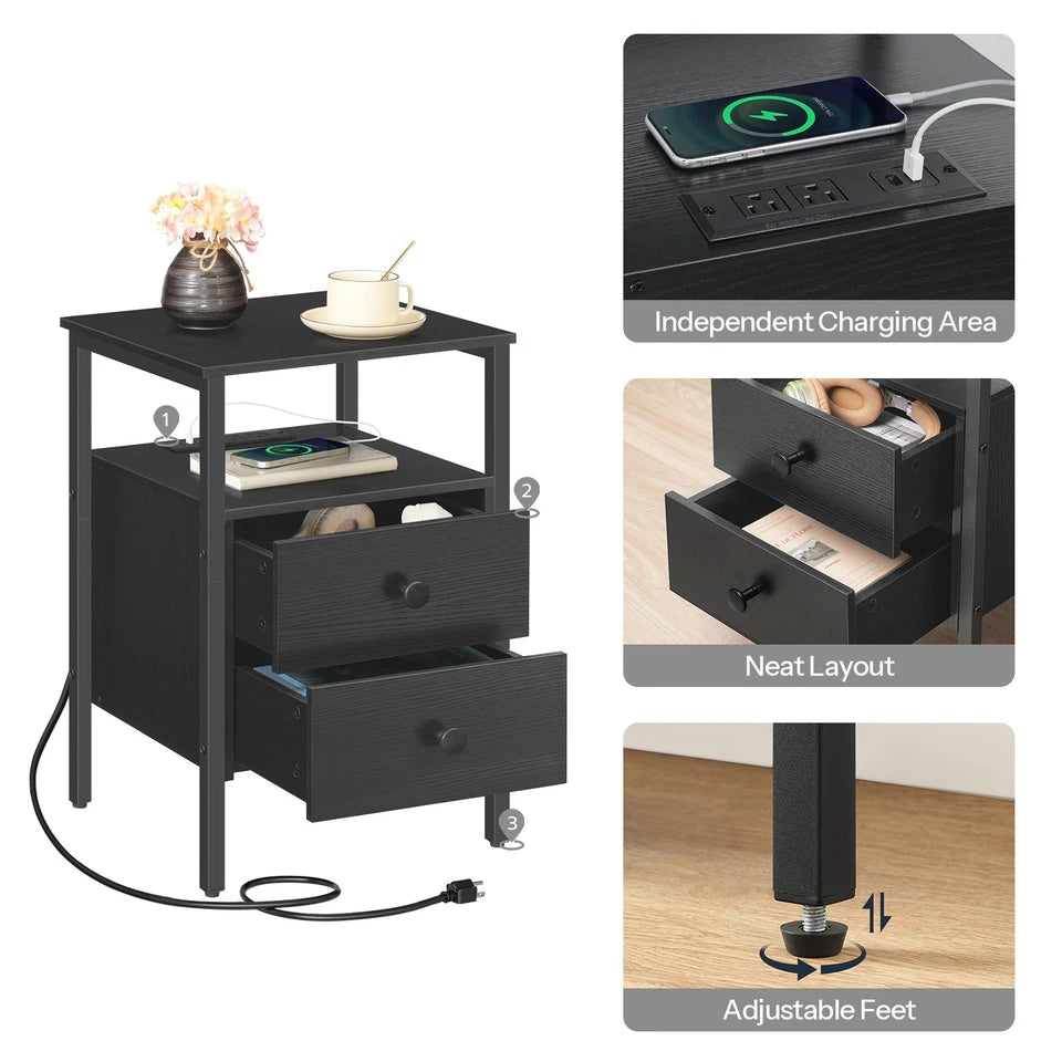 HOOBRO Nightstands with Charging Station, Set of 2 Industrial End Tables & Side Tables, Black BB431BZP201