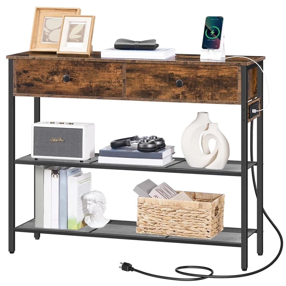 HOOBRO Console Table with Charging Station, Rustic Brown Entryway Sofa Table, BF29UXG01