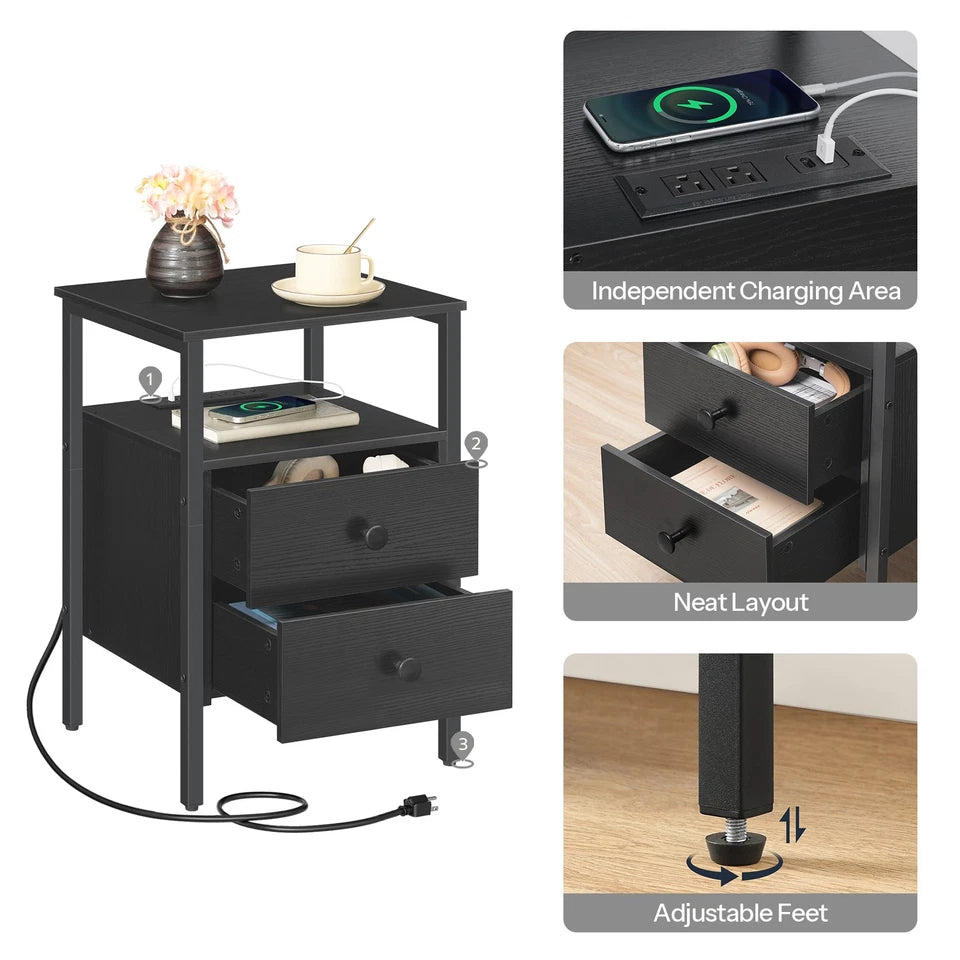 HOOBRO Nightstand with Charging Station, Industrial End Table & Side Table, Black BB431BZ01G2