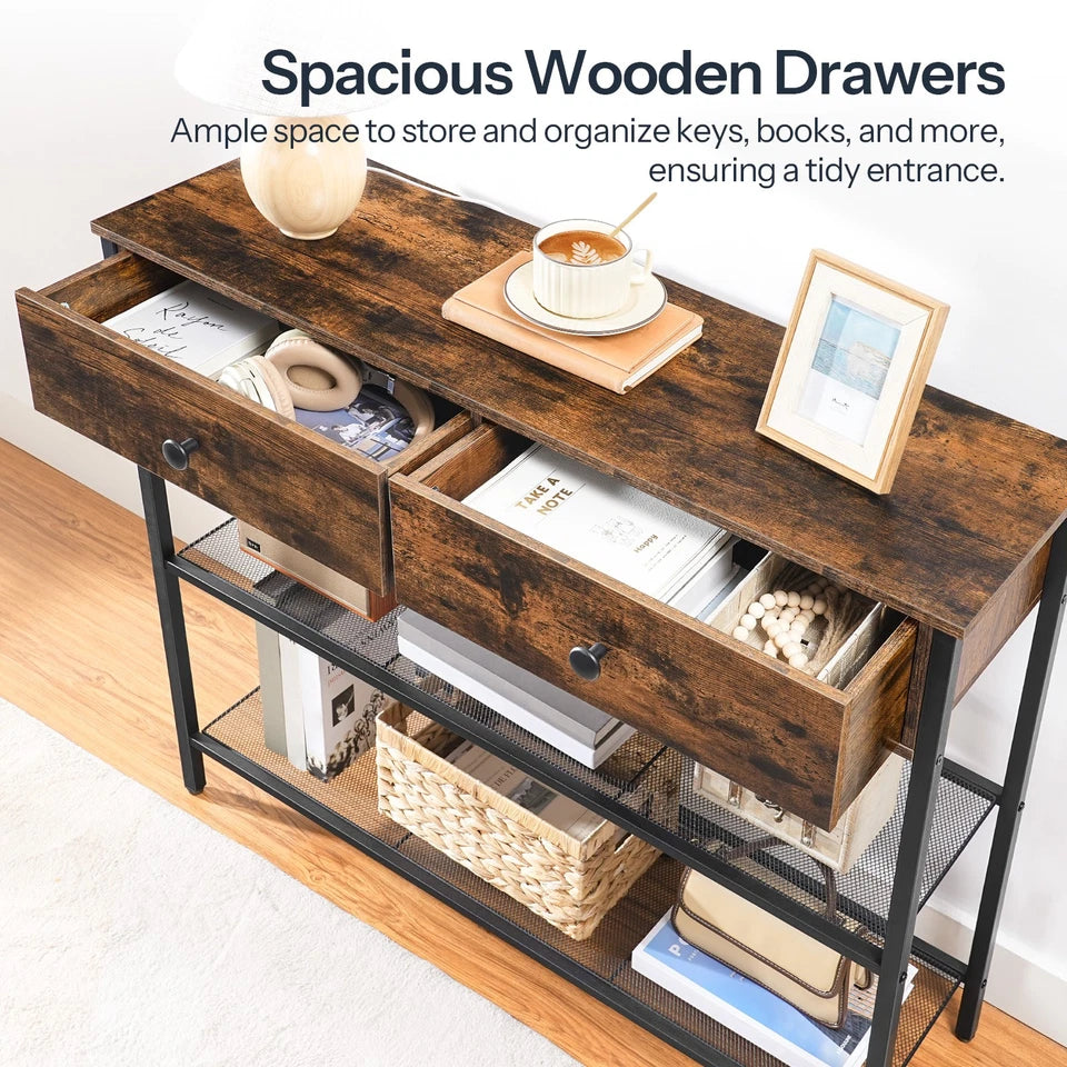 HOOBRO Console Table with Charging Station, Rustic Brown Entryway Sofa Table, BF29UXG01
