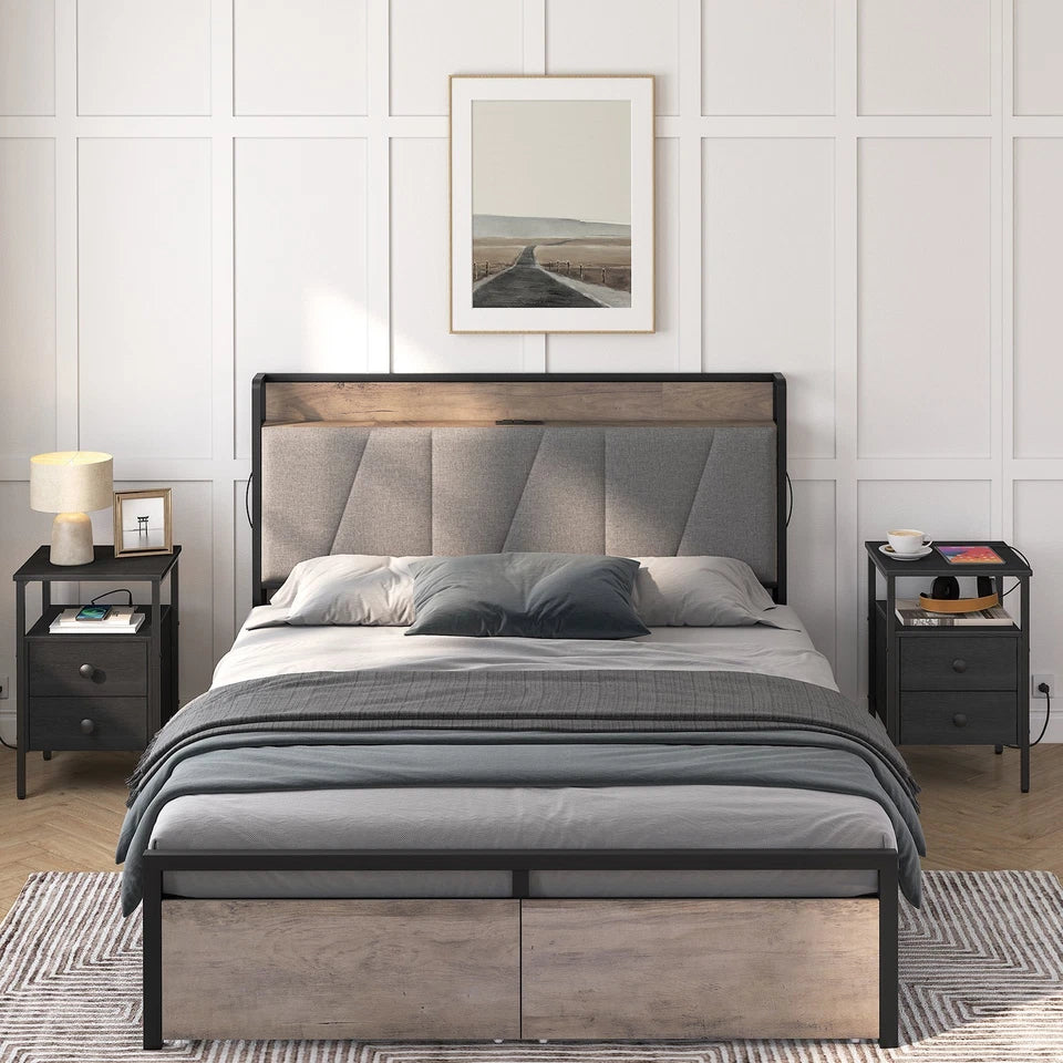 HOOBRO Nightstands with Charging Station, Set of 2 Industrial End Tables & Side Tables, Black BB431BZP201