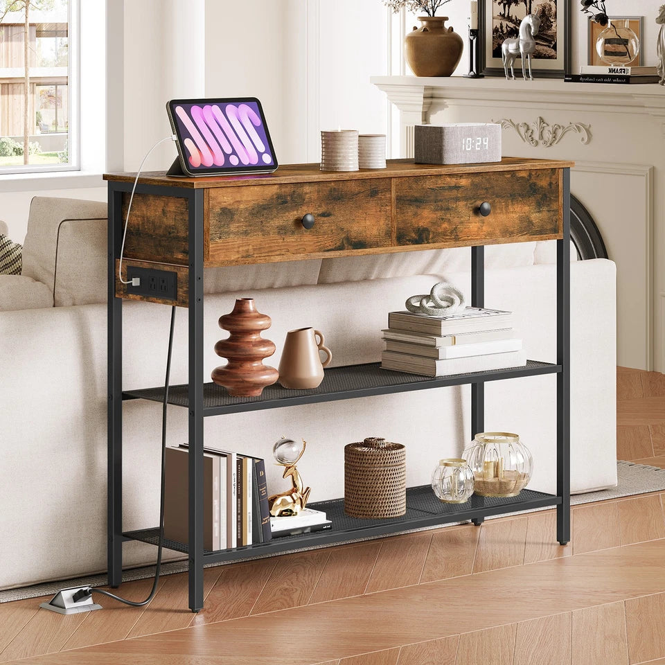 HOOBRO Console Table with Charging Station, Rustic Brown Entryway Sofa Table, BF29UXG01