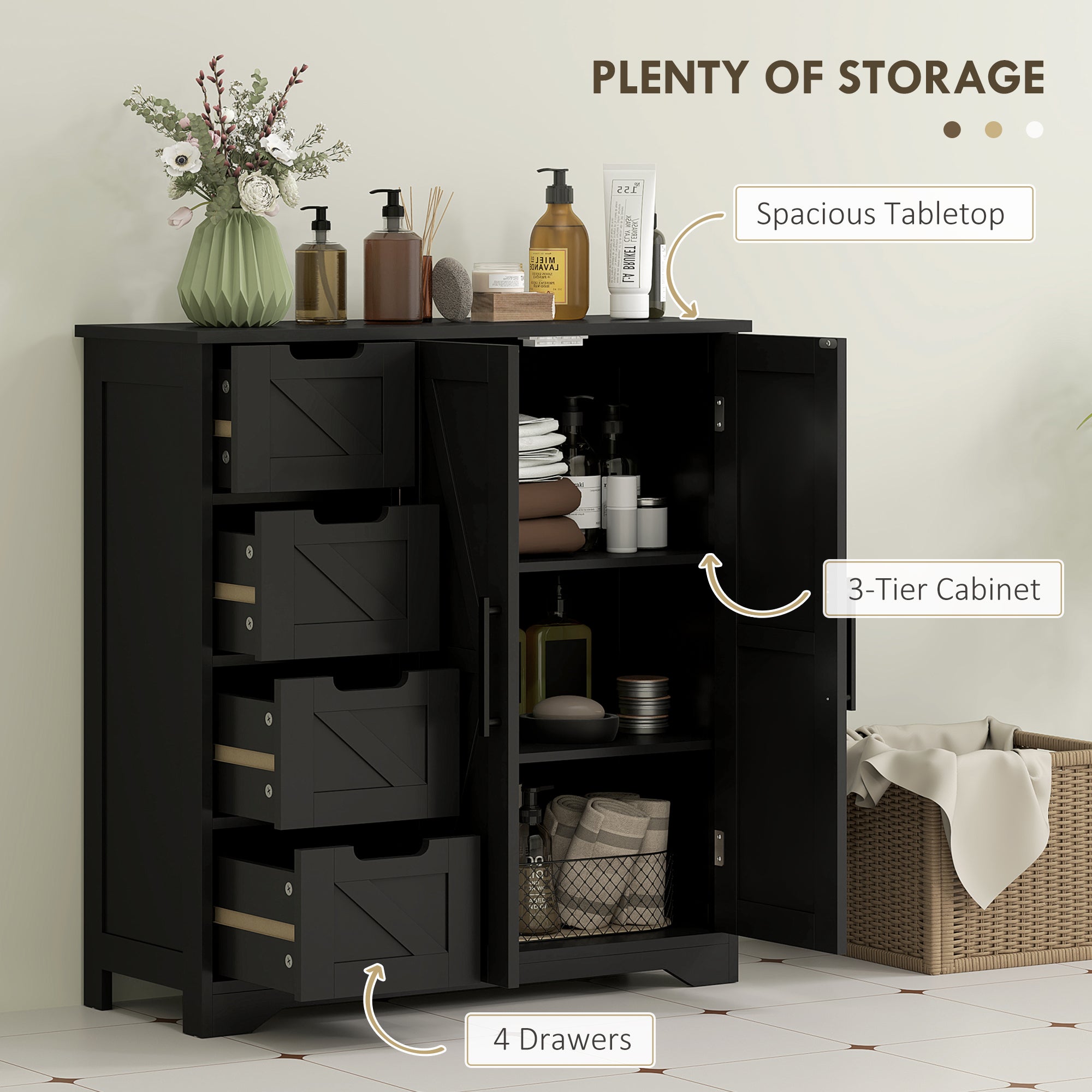 HOMCOM Bathroom Floor Cabinet, Farmhouse Bathroom Storage Cabinet with Adjustable Shelf, Black 