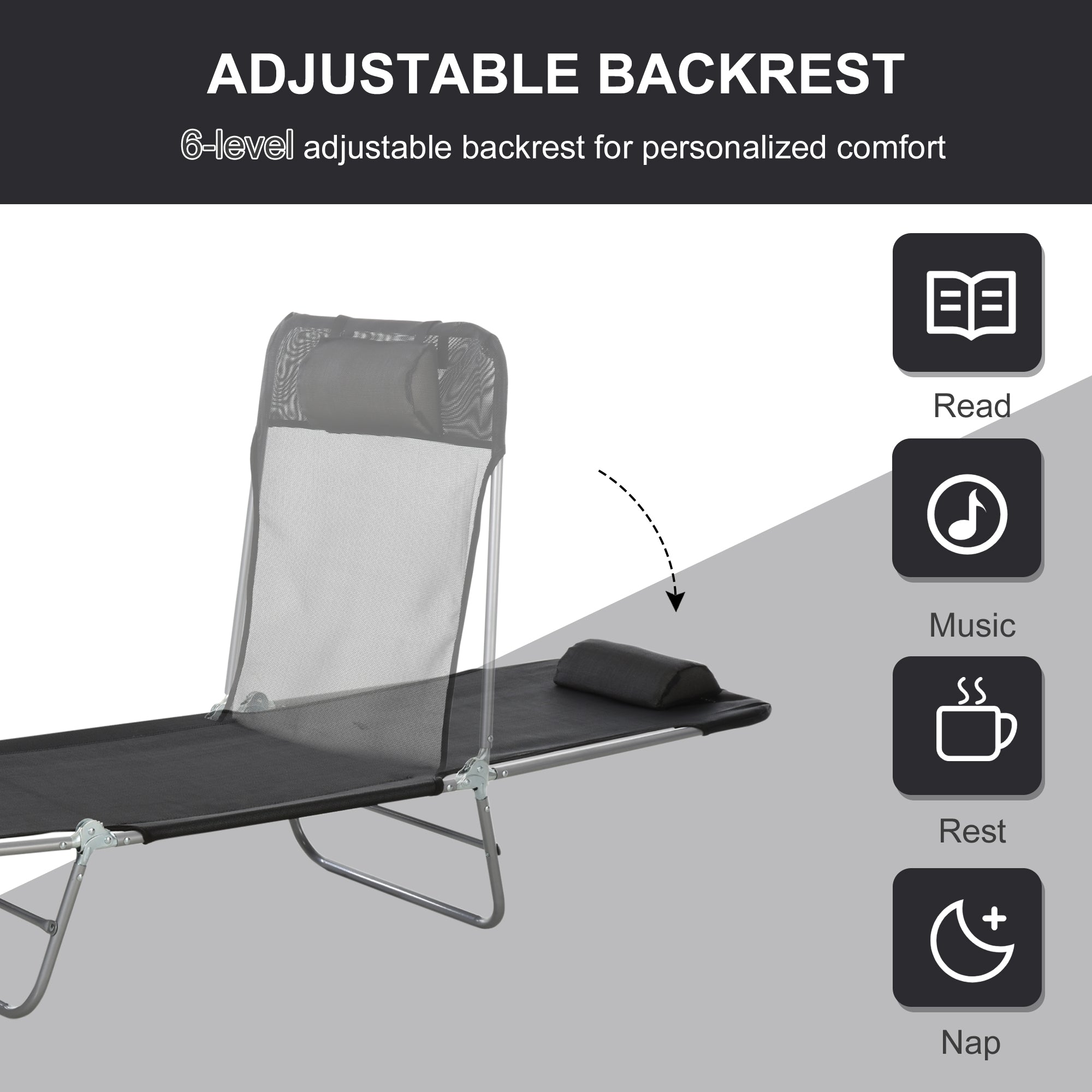 Outsunny Folding Reclining Chair Portable Garden Chaise Lounge Adjustable Outdoor Camping Beach Bed with Pillow Black 