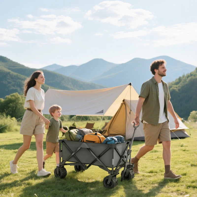 Outdoor Pull Along Trailer Folding Camping Trailer for Beach Garden with Handle, Anti-Slip Wheel - Dark Grey