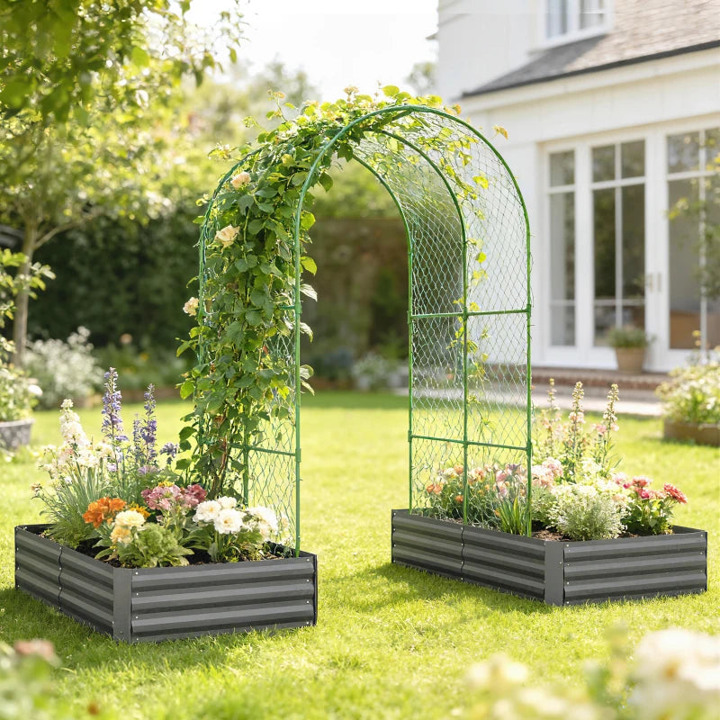 Metal Raised Garden Bed with Trellis, Galvanized Garden Bed Kit Outdoor Garden Box with Trellis, Dark Grey