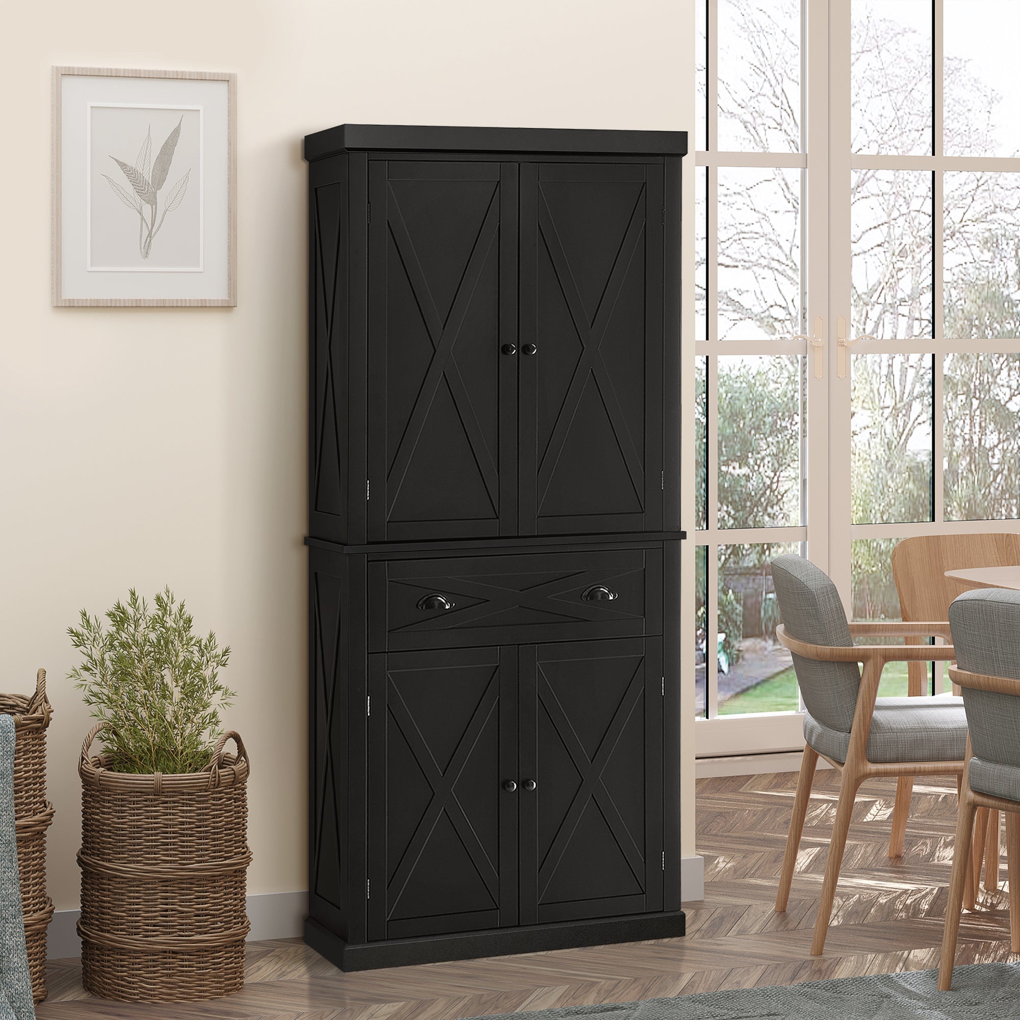 HOMCOM Black Farmhouse Pantry Cabinet: Freestanding 4-Door Kitchen Storage Cabinet Organizer with 6-Tiers, Drawer and 4 Shelves 