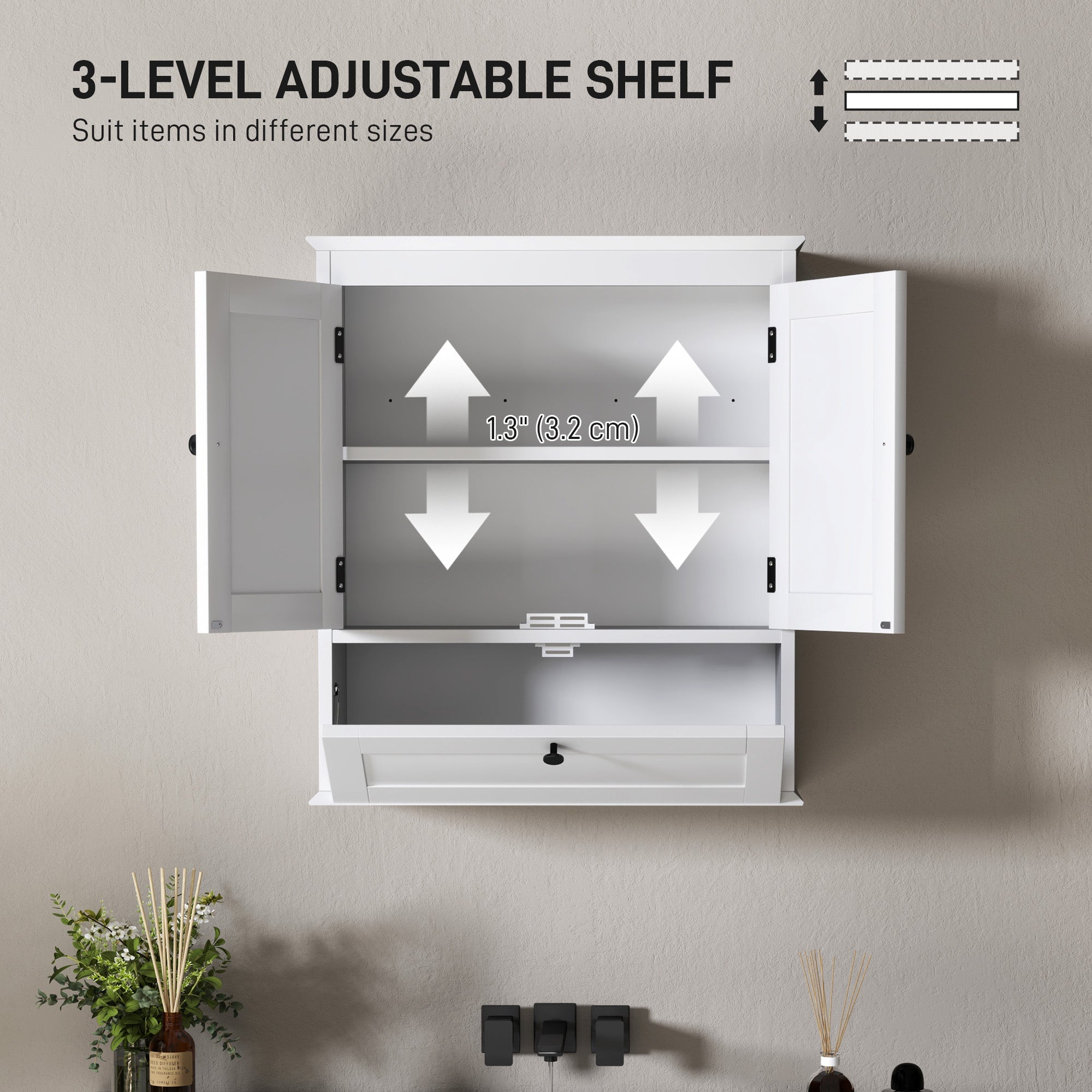 HOMCOM Medicine Cabinet with Adjustable Shelf, Bathroom Wall Cabinet Bathroom Cabinet with Recessed Panels, White 