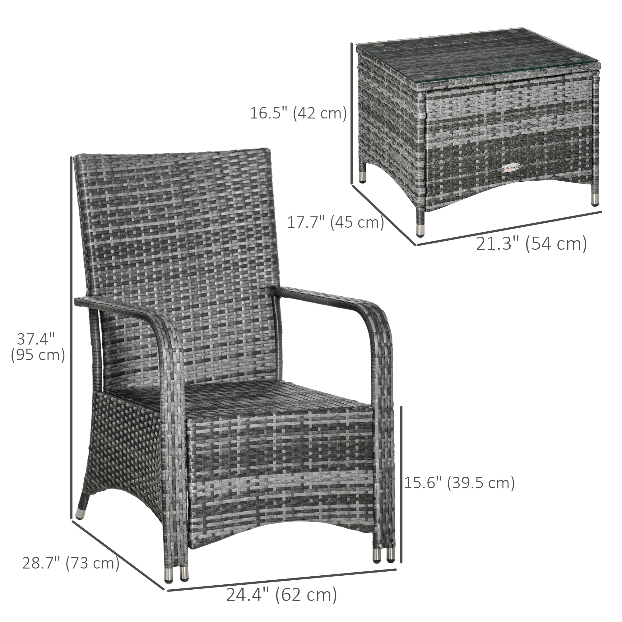 Outsunny 3 Piece Outdoor PE Rattan Patio Furniture Set Bistro Set w/ Cushions, Tempered Glass Tabletop for Balcony, Pool, Grey 