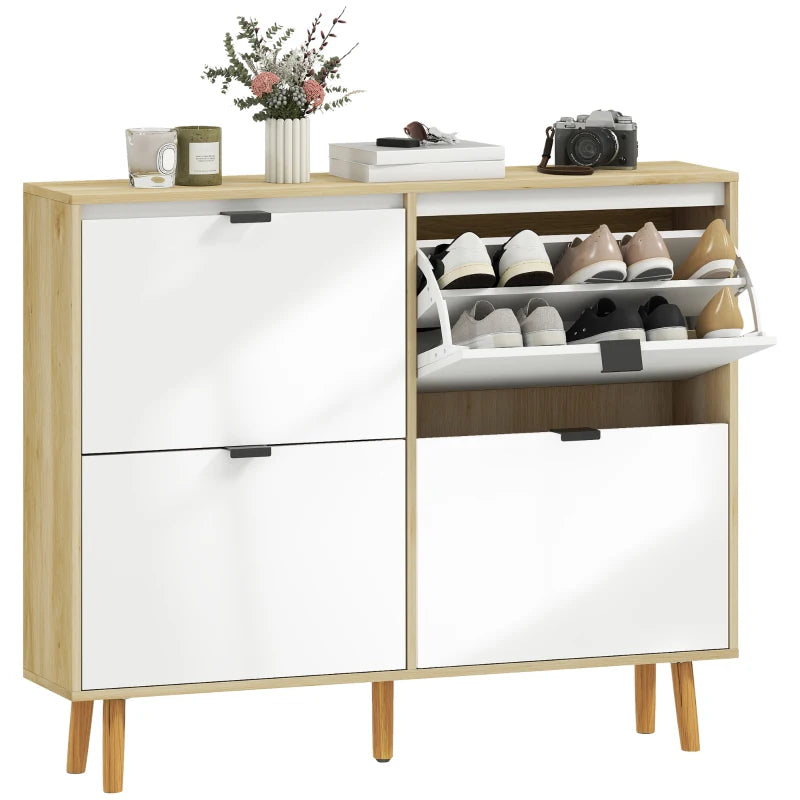 Narrow Shoe Cabinet, High Gloss Shoe Storage Cabinet with 4 Flip Drawers and Adjustable Shelves, Holds 20 Pairs, White