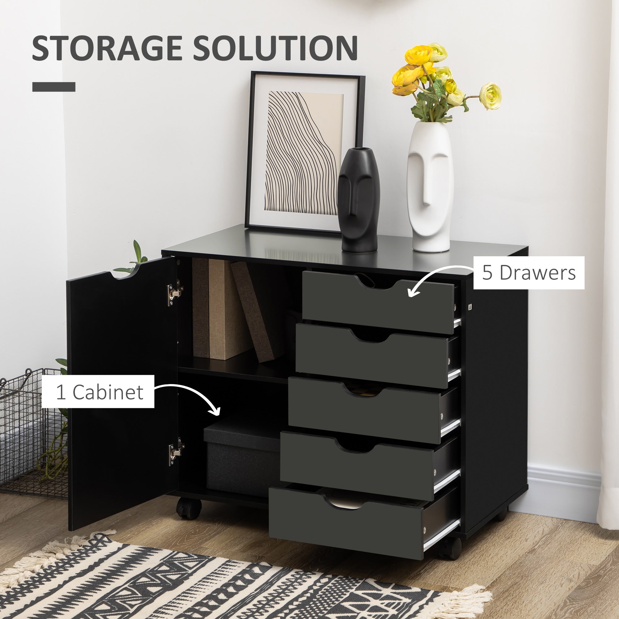 HOMCOM Modern Mobile 5-Drawer Chest with Door, Storage Cabinet, Dresser on Wheels, Printer Stand for Home Office, Black 
