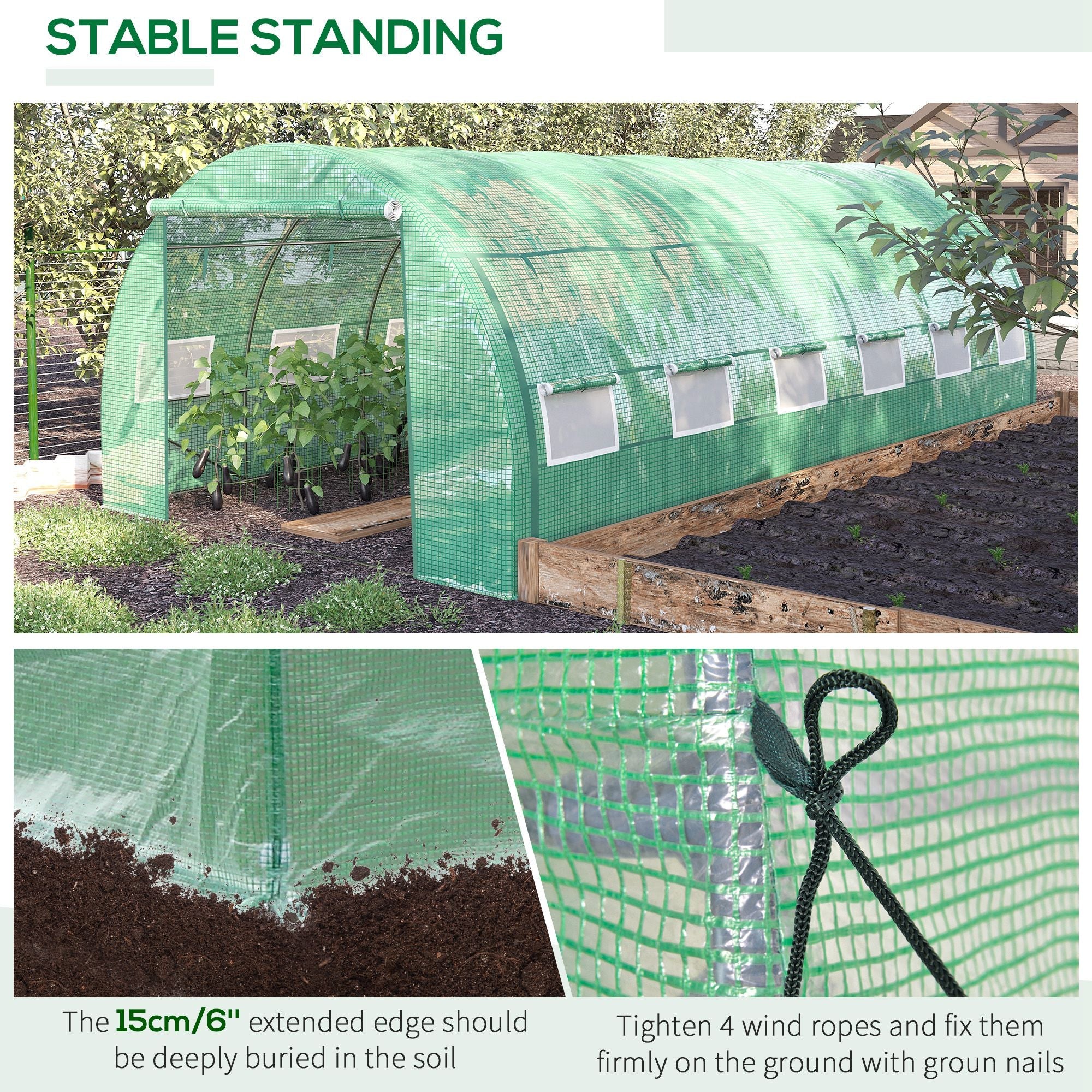 Outsunny Large Walk-in Greenhouse, 20'x10'x6.6' Tunnel Greenhouse with Zippered Door and 12 Roll-up Windows, Outdoor Green House for Garden Plant, Green 