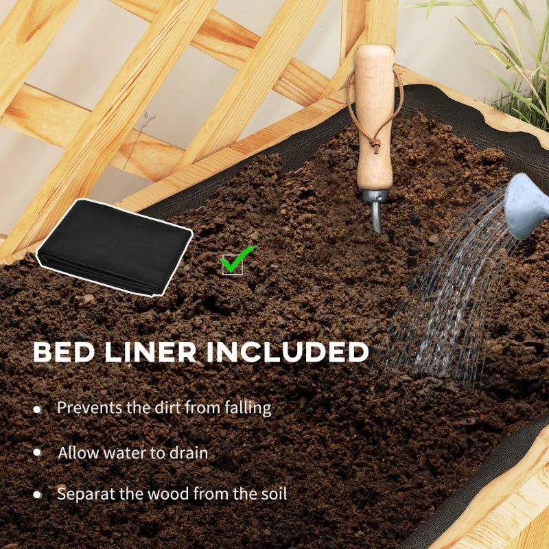 Raised Garden Bed, Wooden Planter with Trellis, Hanging Roof, Plant Shelf, Drainage Holes and Bed Liner, Nature Wood