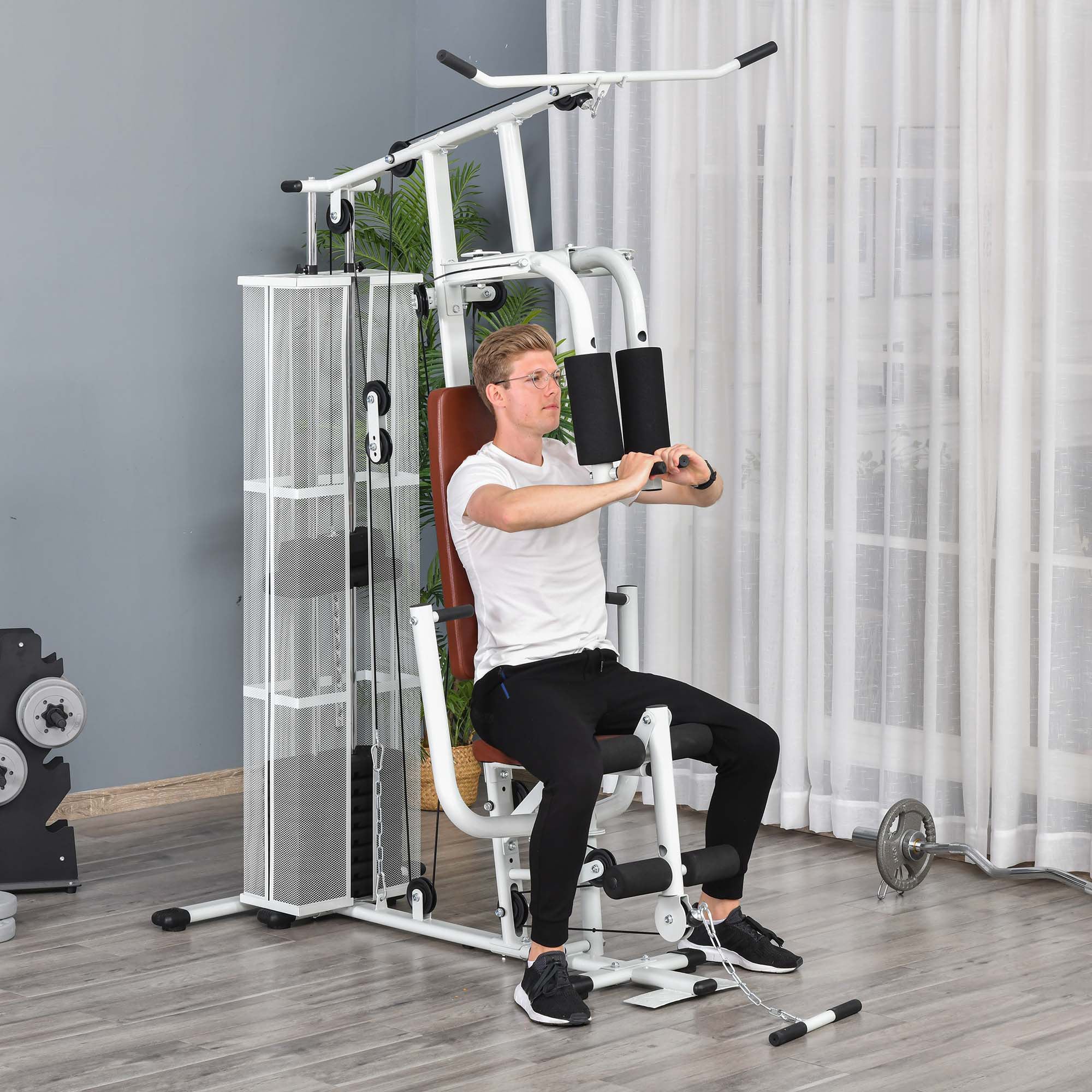 Soozier Home Gym, Multifunction Gym Equipment Workout Station with 100Lbs Weight Stack for Lat Pulldown, Leg Extensions, Preacher Bicep Curls, Triceps Pulldowns, Chest Press, White 