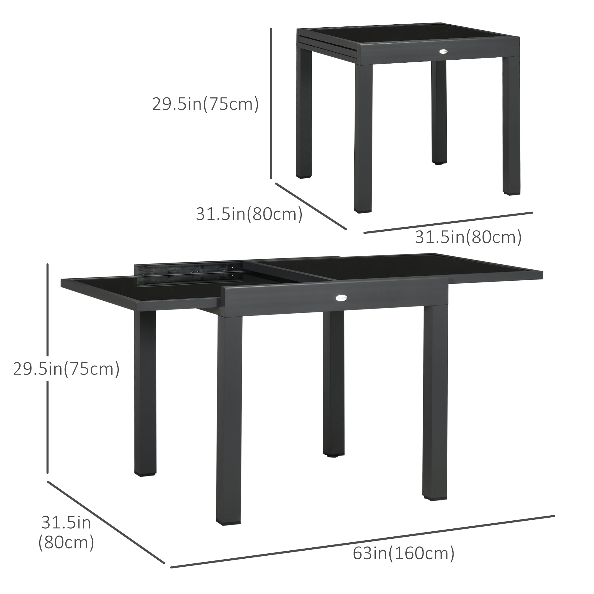 Outsunny 63" Extendable Dining Table Outdoor Patio Rectangular Aluminum Frame Tempered Glass Tabletop Black 