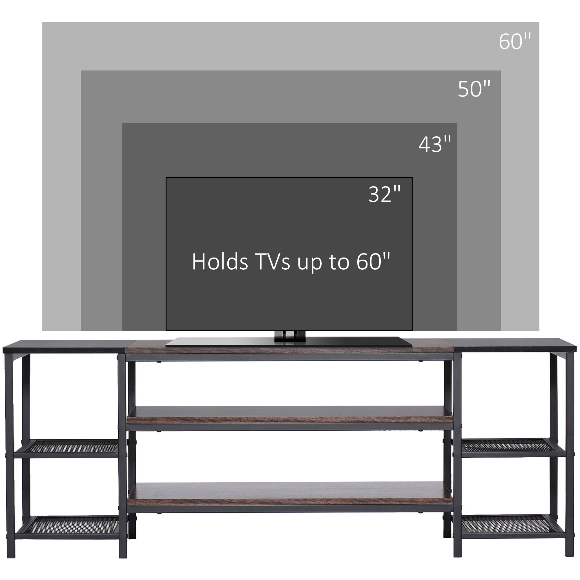 HOMCOM Industrial Chic: Open Shelf TV Stand for 65" TVs, Steel Frame Media Console with Rustic Brown Finish 