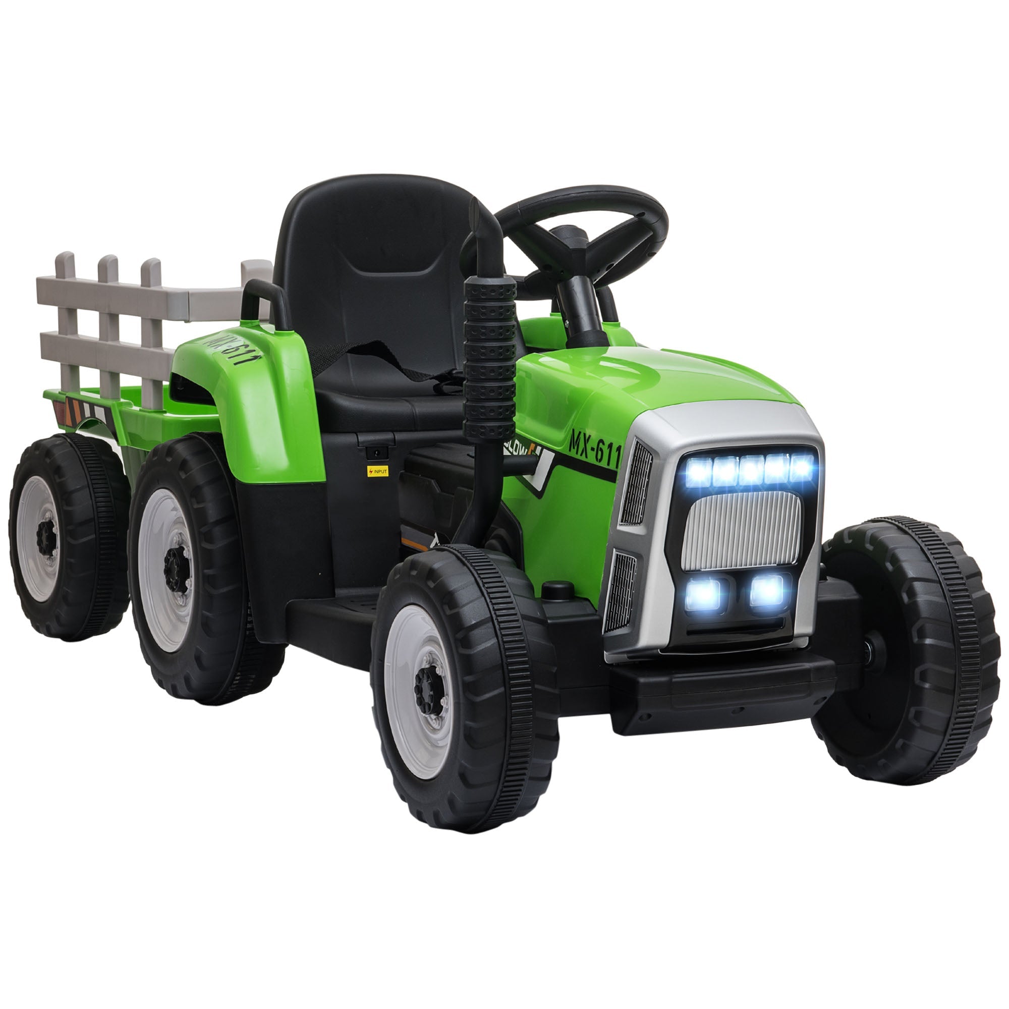 Aosom 12V Electric Tractor for Kids - Ride-On with Trailer, Battery Powered, Remote Control, Music, Start-Up Sound & Horn, Green 