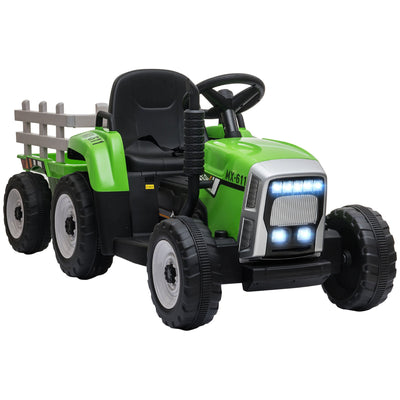 Aosom 12V Electric Tractor for Kids - Ride-On with Trailer, Battery Powered, Remote Control, Music, Start-Up Sound & Horn, Green 