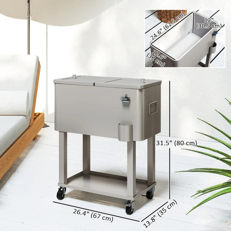 60 Quart Rolling Outdoor Cooler, Portable Rolling Patio Cooler Cart with Locking Wheels, Storage Shelf, Silver