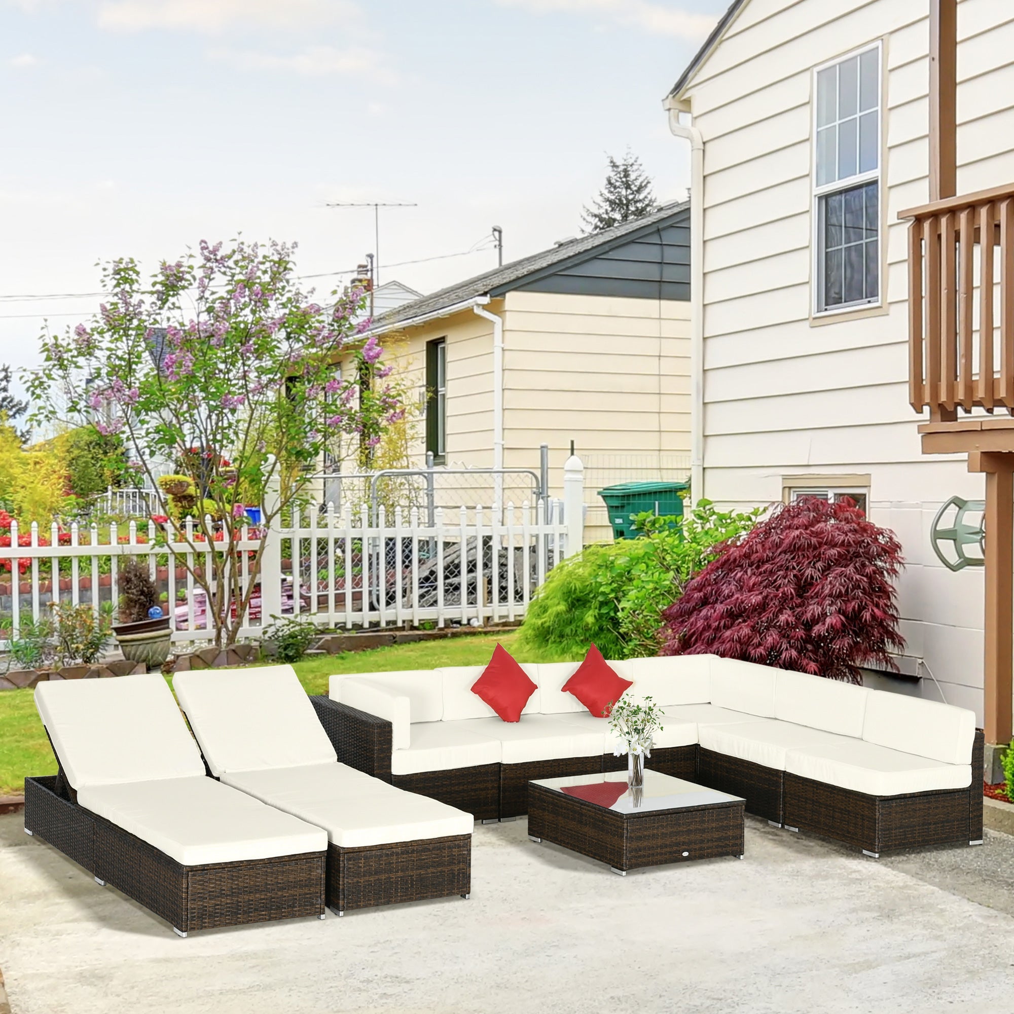 Outsunny 9pcs Patio Furniture Set Outdoor Wicker Sofa Cushioned Seat Cream White 