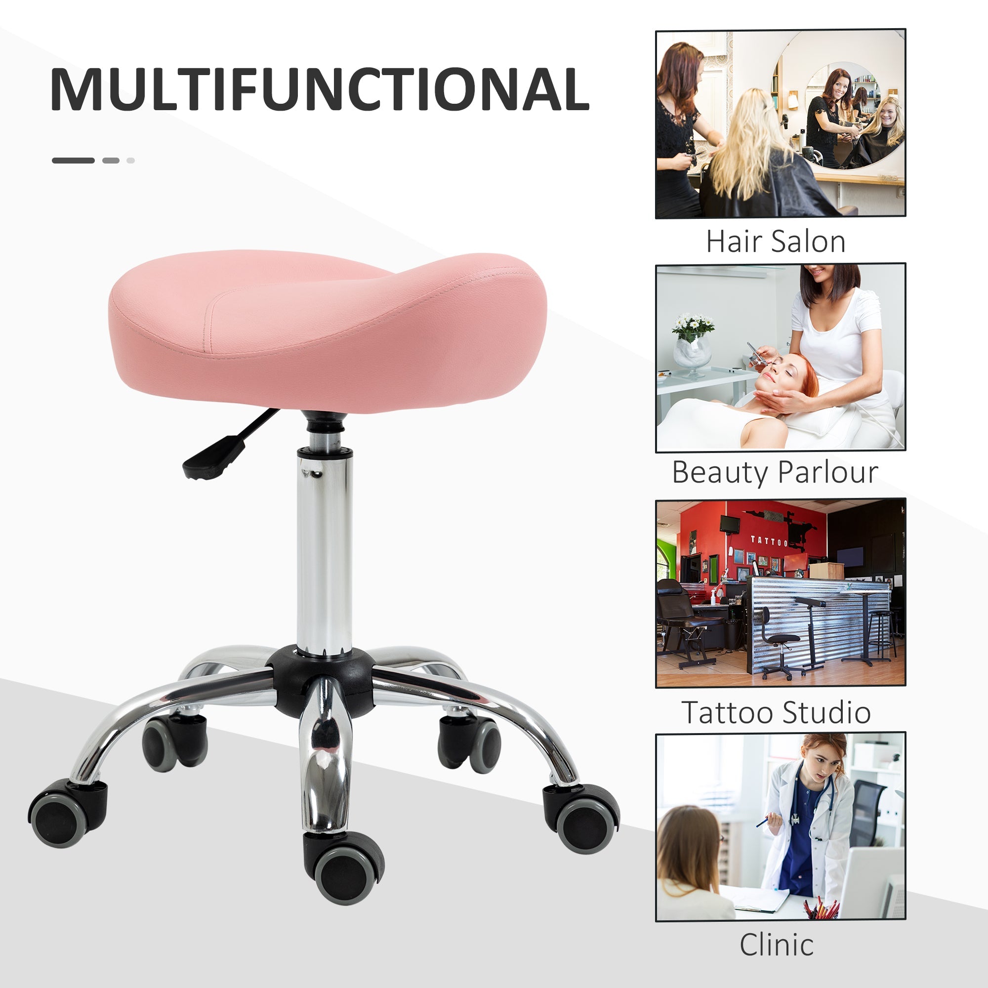 HOMCOM Saddle Stool Chic: Height Adjustable Rolling Salon Chair in Pink PU Leather for Massage, Spa, Clinic, Beauty, and Tattoo 