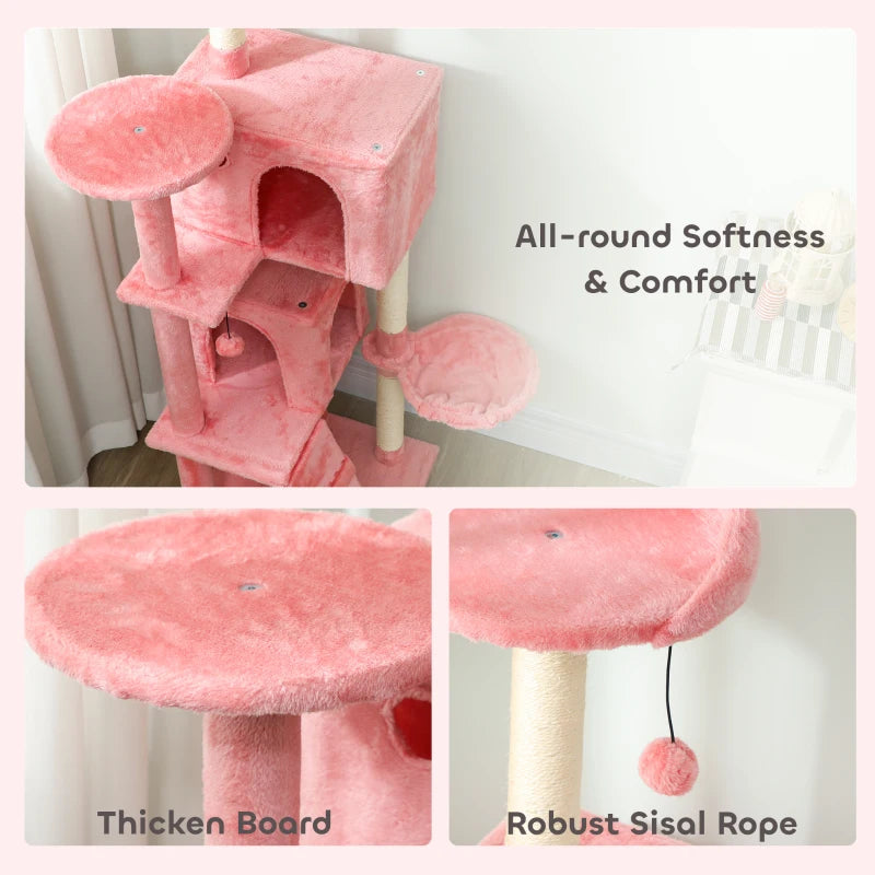 63 Inch Cat Tree with Sisal Scratching Posts, Condos, Plush Perches, Hammock, Ladder, Dangling Balls, Pink