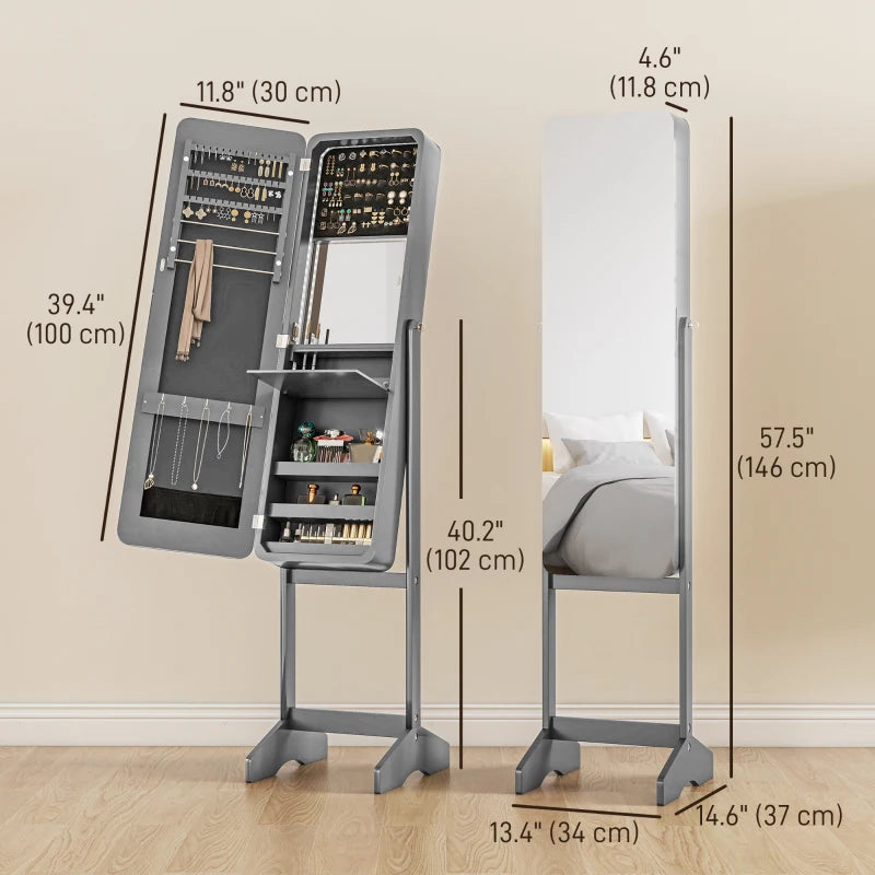 Standing Mirror Jewelry Cabinet, Jewelry Storage Cabinet with LED Lights and Angle Adjustable Full Length Mirror, Grey