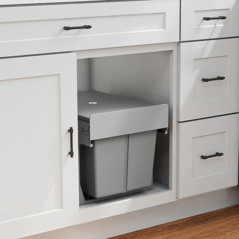 Pull Out Bin with Dual 4-Gallon Removable Compartments, Under Sink Garbage Can with Soft-Close Slides, Light Grey