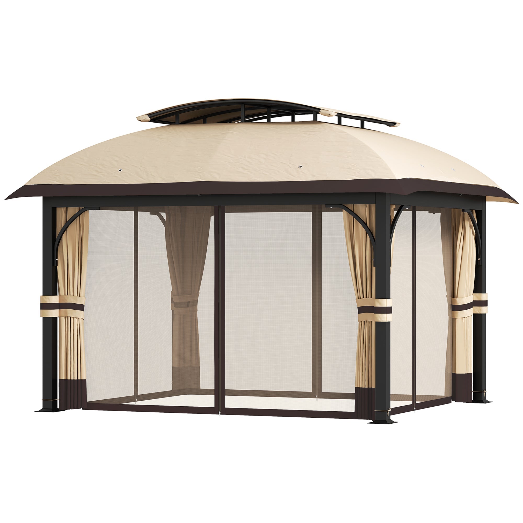 Outsunny 11' x 13' Patio Gazebo, Double Roof Outdoor Gazebo Canopy with Netting & Curtains, Galvanized Metal Frame, Khaki 