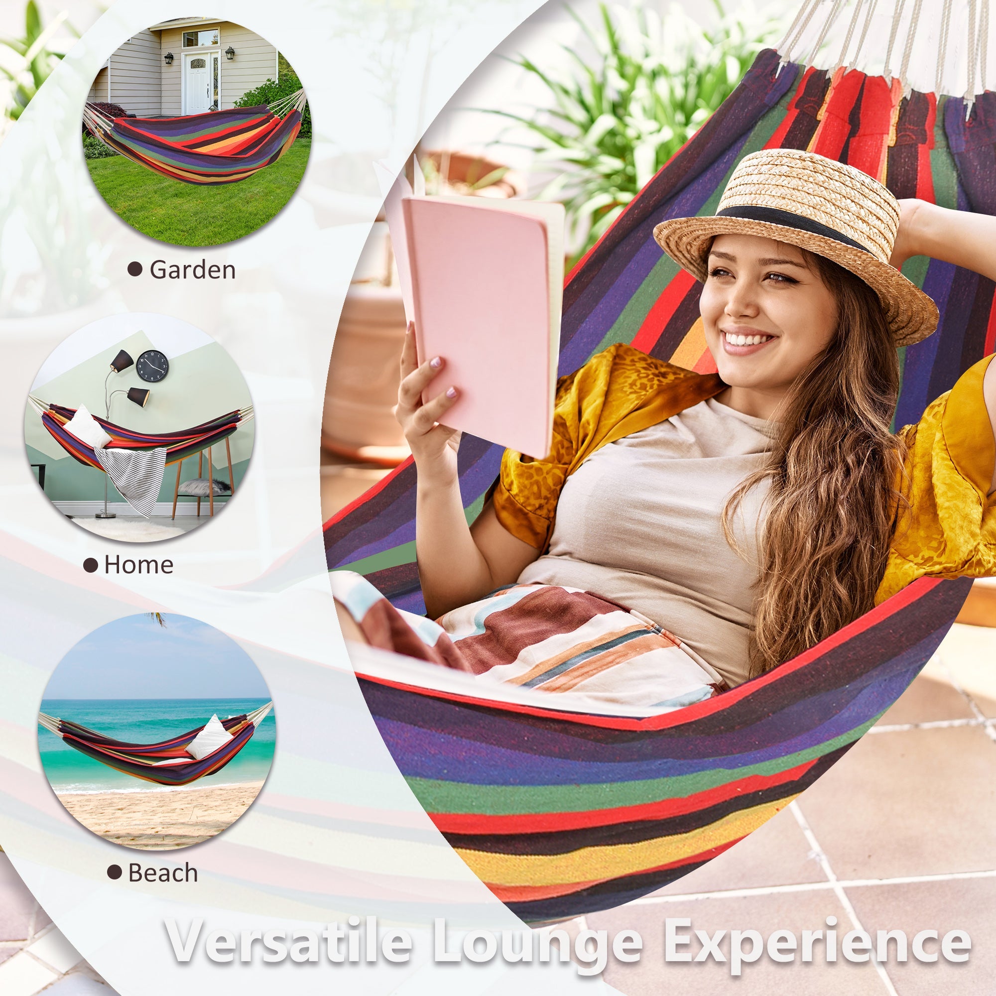Outsunny Brazilian Hammock Extra Large Cotton Hanging Camping Bed Patio Backyard Lounging Indoor Outdoor Use Carrying Bag 