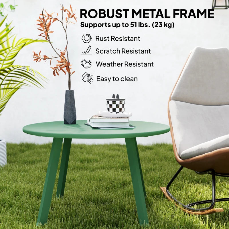 Round Outdoor Side Table, Patio Coffee Table with Metal Frame and Non-Slip Foot Pads, Green