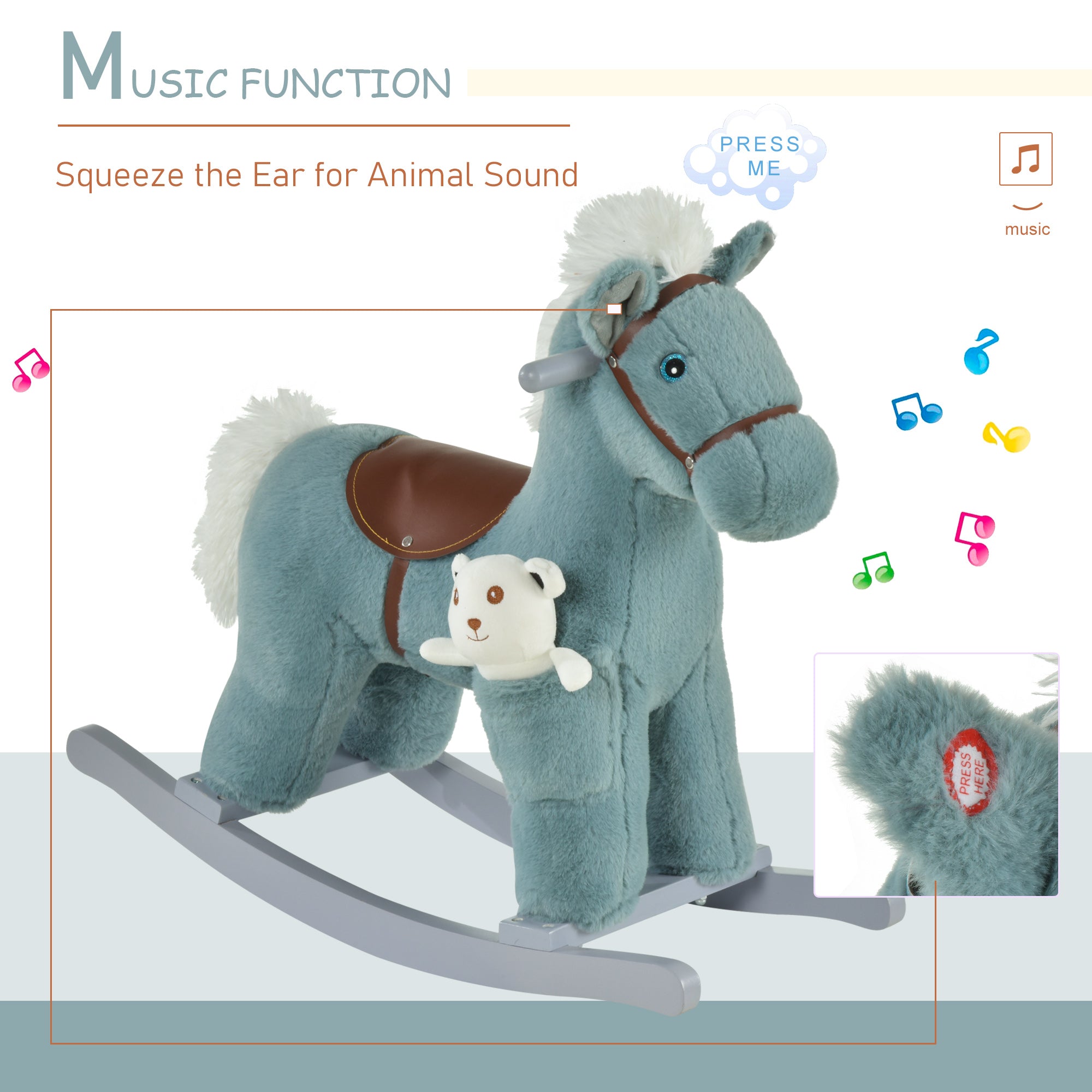 Qaba Toddler Rocking Horse - Blue Plush Ride-On Toy with Bear and Realistic Sounds for Kids 18-36 Months 