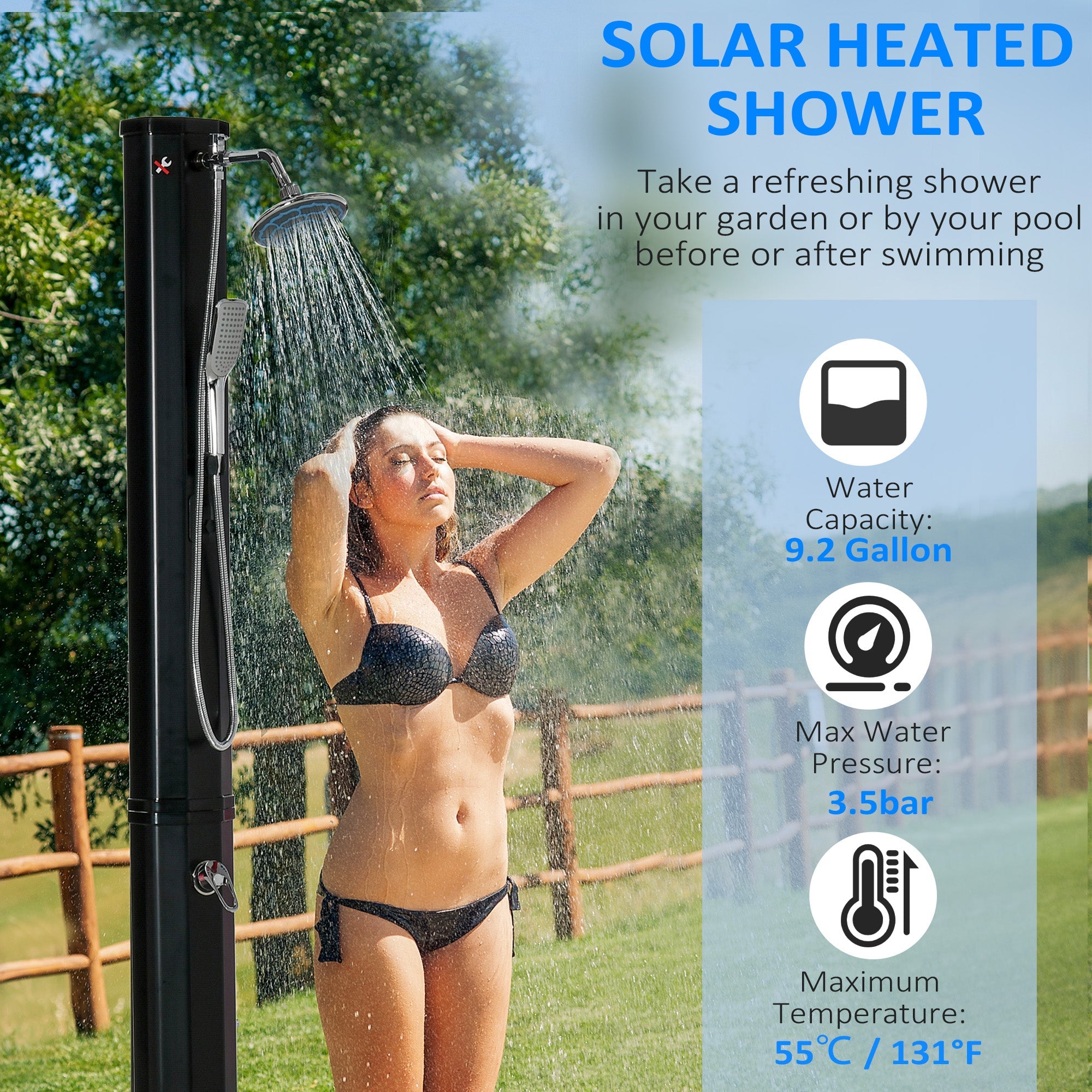 Outsunny Outdoor Solar Shower 7ft with Rotating Head Foot Faucet Temperature Pressure Adjustable 