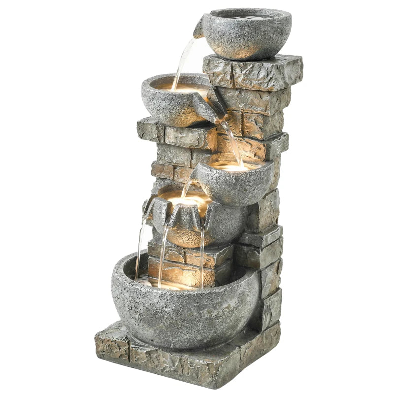 Outdoor 31.5" Tall Water Fountain with LED Lights, 5 Tiers Cascading Water Feature for Garden Patio Home Decor, Grey