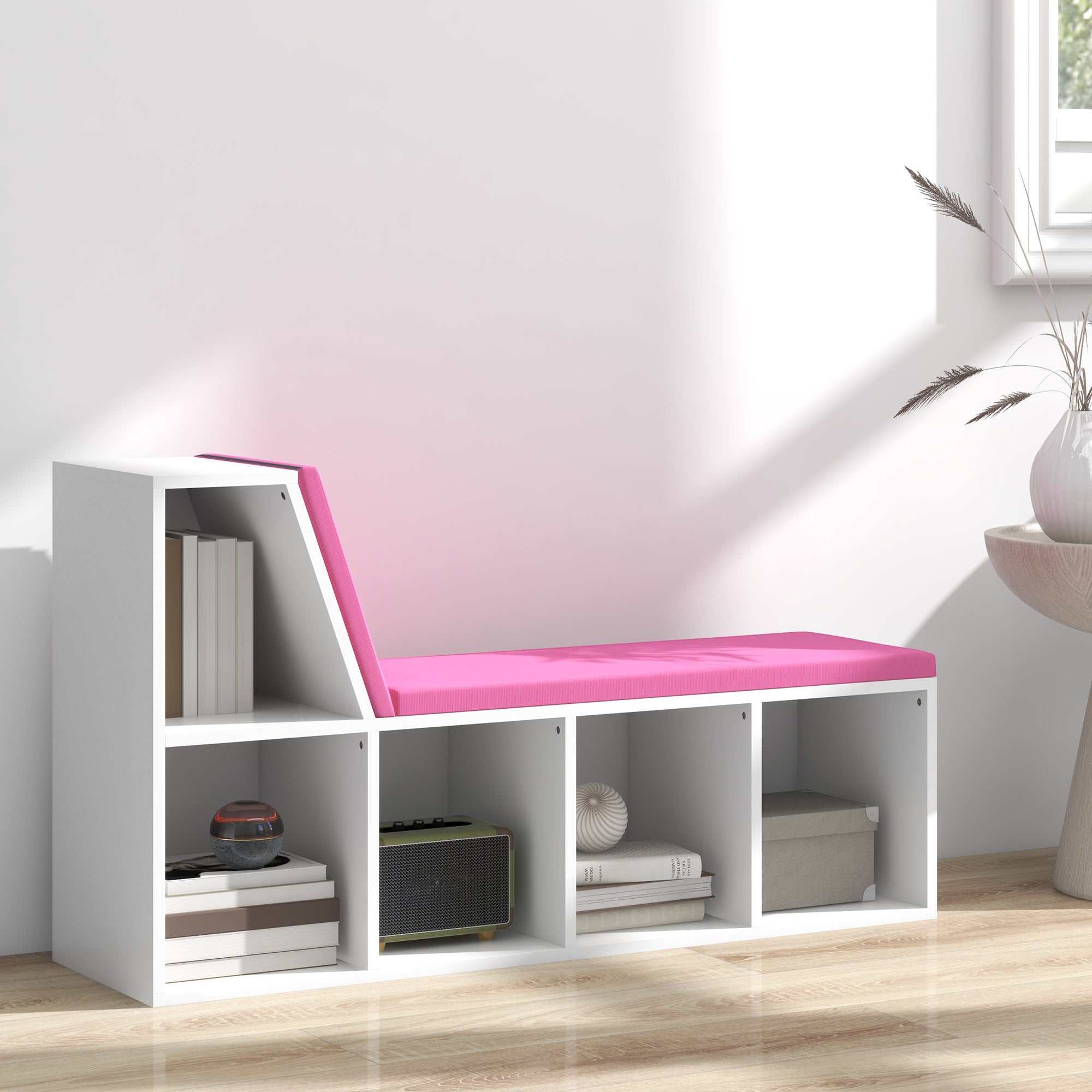 HOMCOM 5-Cube Bookshelf with Reading Nook Cushioned Kids Bookcase Storage Shelves Pink 