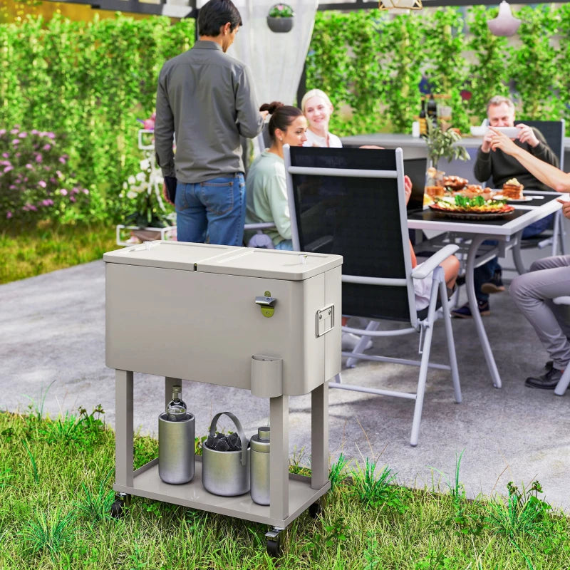 60 Quart Rolling Outdoor Cooler, Portable Rolling Patio Cooler Cart with Locking Wheels, Storage Shelf, Silver