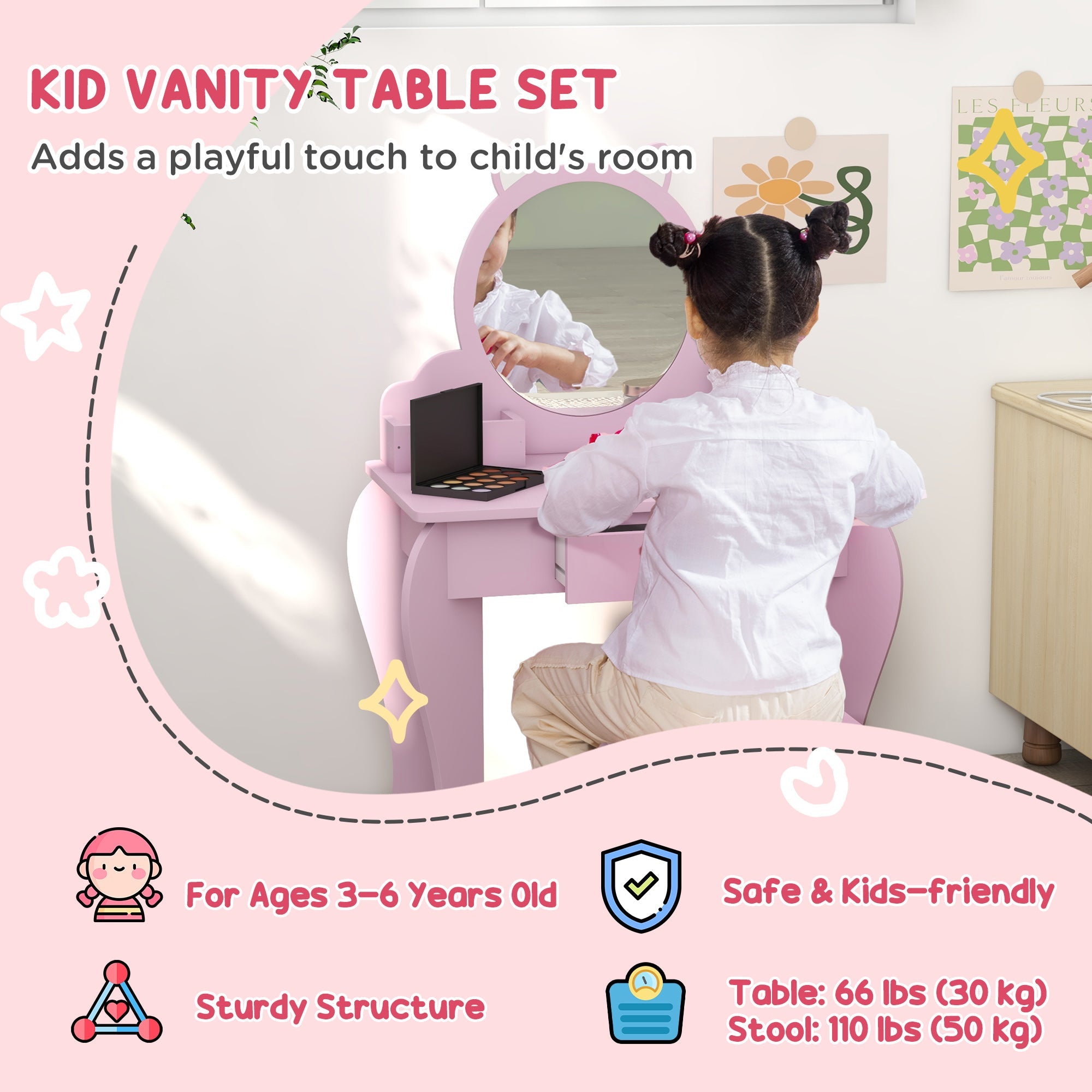 Qaba Makeup Vanity with Mirror and Stool Cat Design Drawer Storage Boxes for 3-6 Years Old Pink 